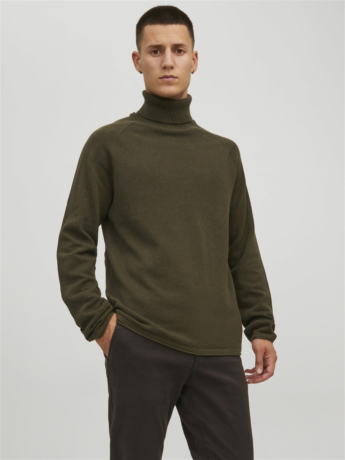 JACK & JONES Hill knit roll neck slim fit, heren pullover katoen met col, groen melange