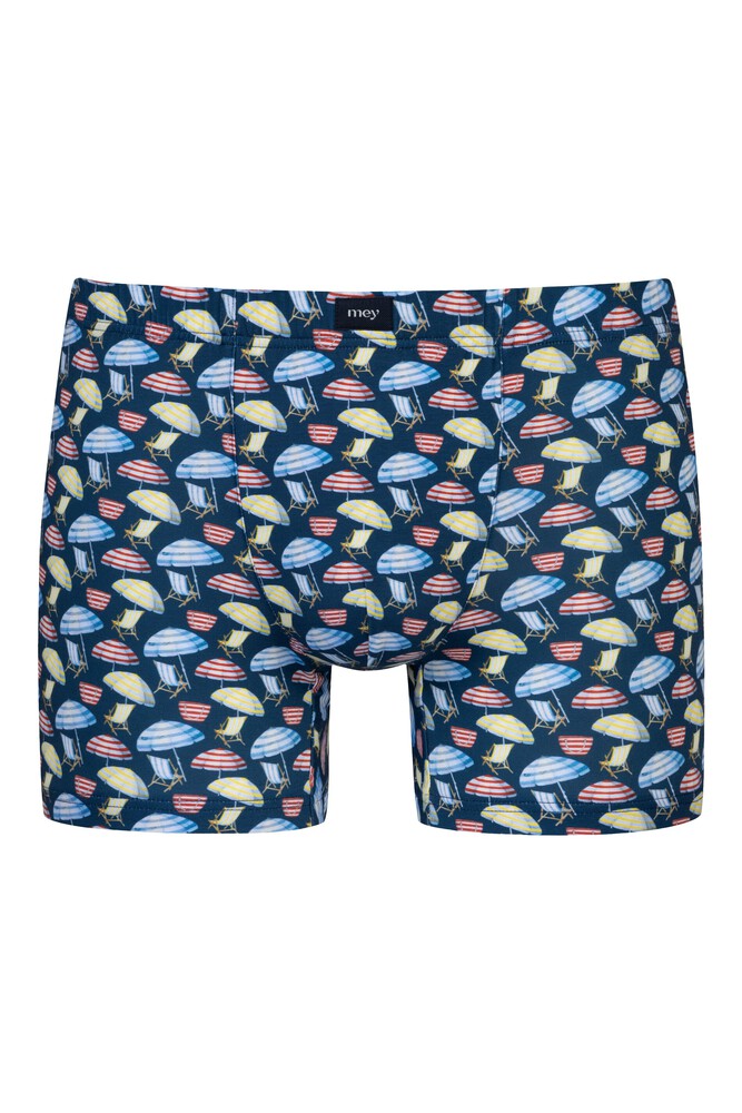 Mey heren long shorty Sunscreen & Sand, boxer normale lengte, blauw met gekleurde parasols en strandstoelen