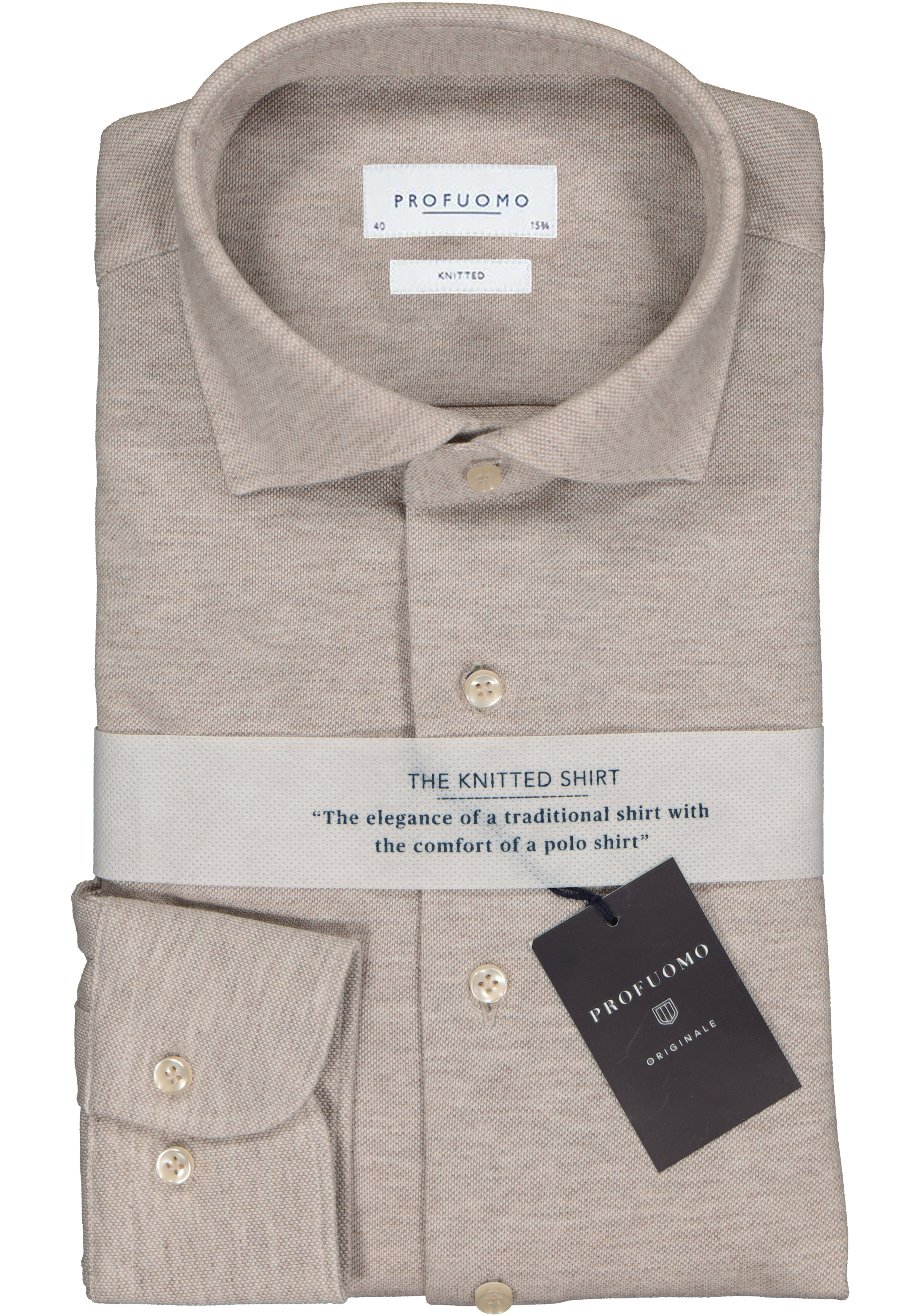 Profuomo slim fit jersey overhemd, knitted shirt pique, beige melange