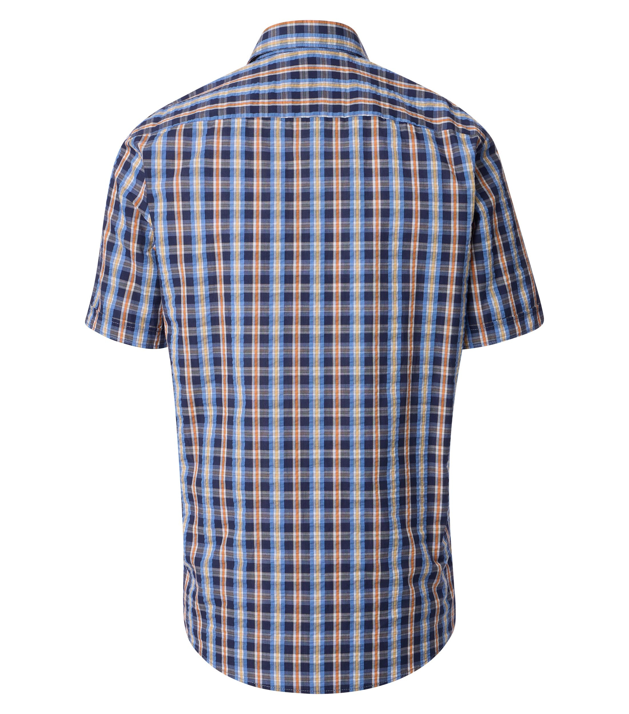CASA MODA Sport casual fit overhemd, korte mouw, seersucker, blauw met oranje en wit geruit