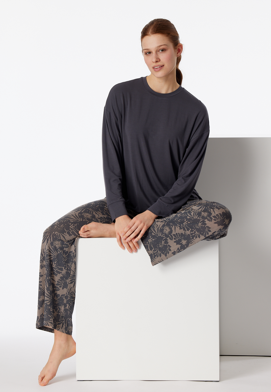 Schiesser Long pajama set with crew neck, ribbed cuffs, striped burgundy/dark blue – Comfort Fit main image 1