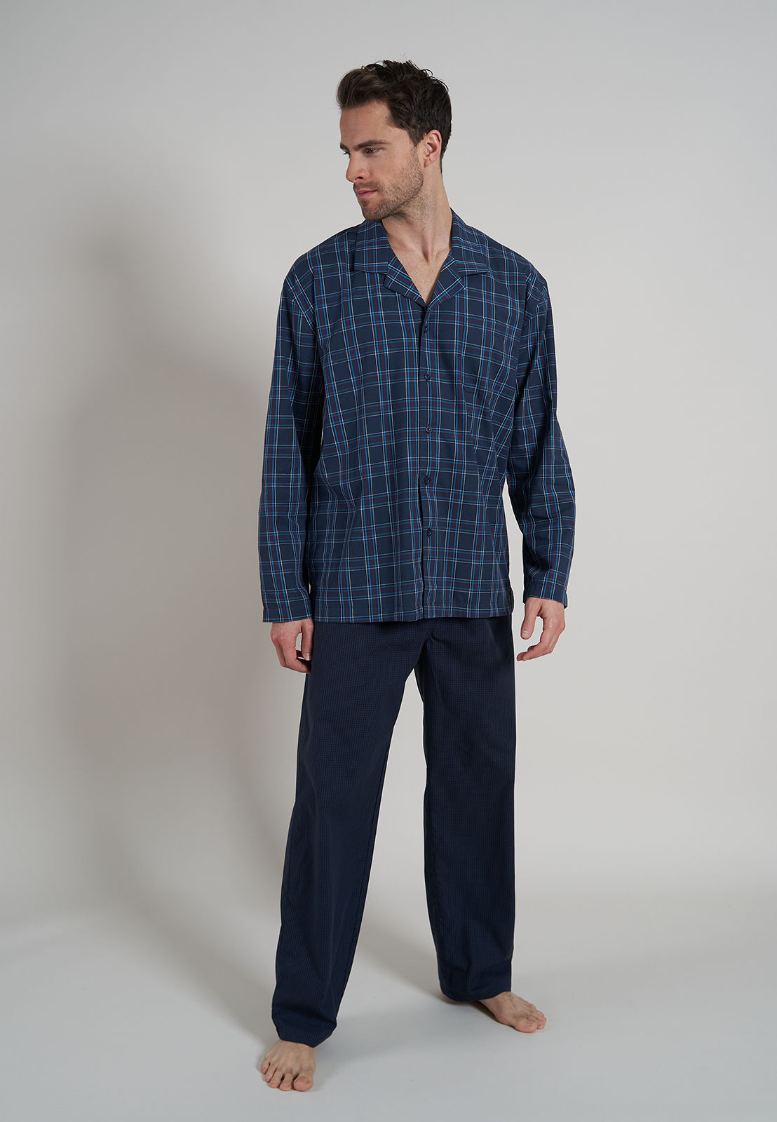 Gotzburg heren pyjama met knoopjes, donkerblauw geruit