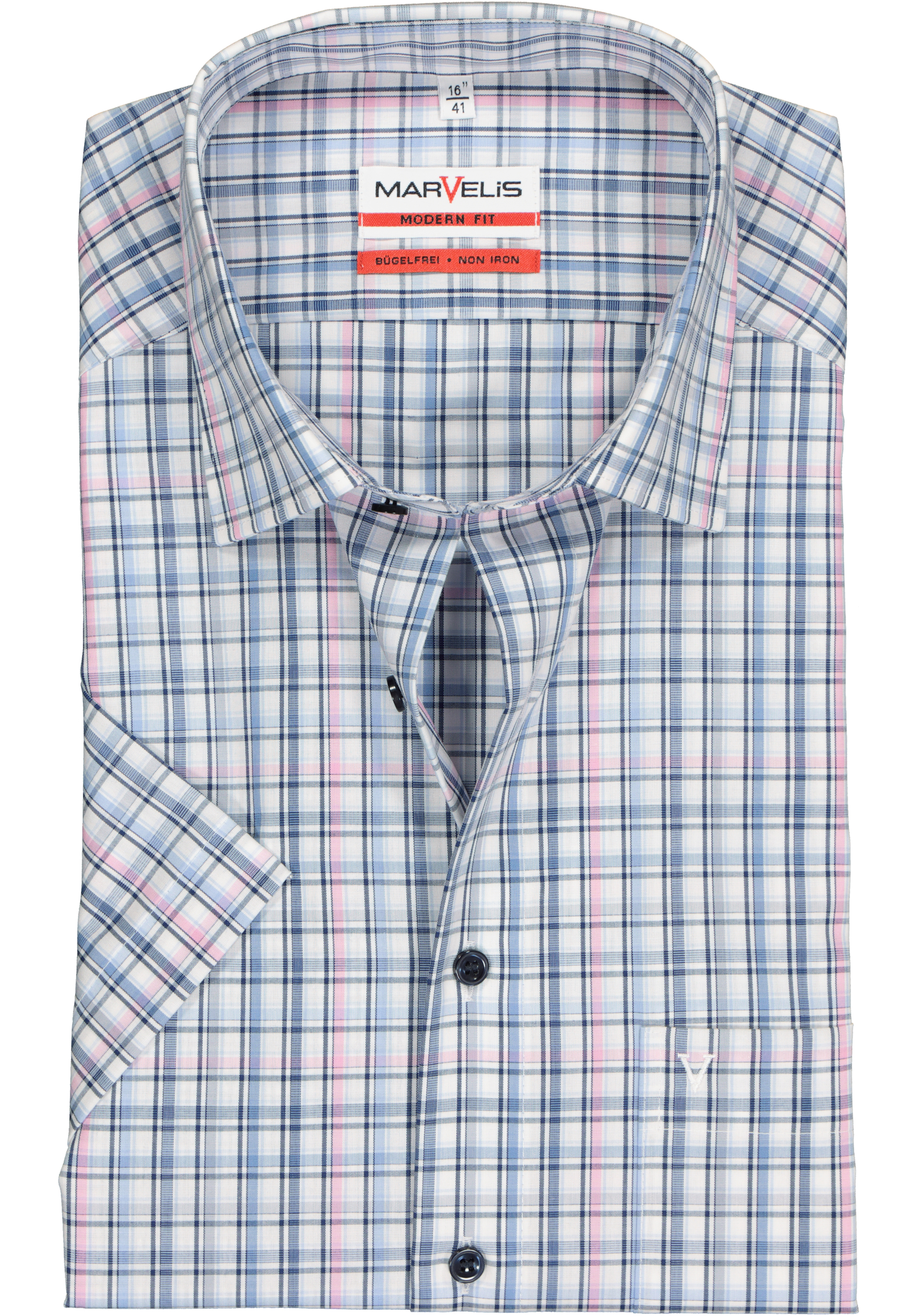 MARVELIS modern fit overhemd, korte mouw, popeline, wit met blauw en roze geruit
