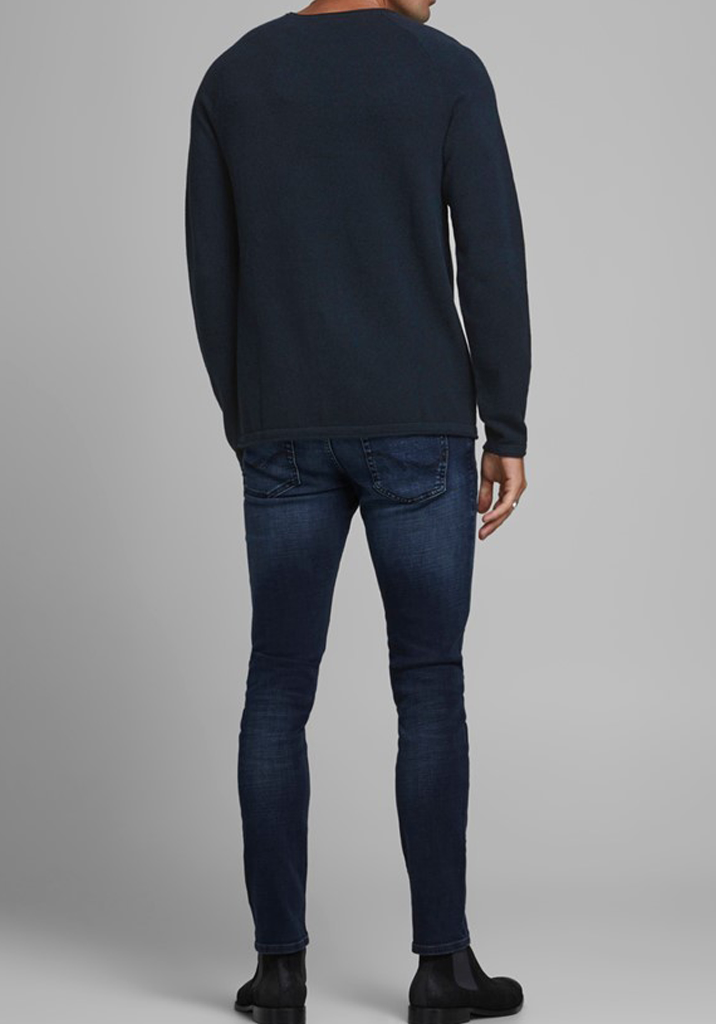 JACK & JONES slim fit trui katoen, O-hals, donkerblauw