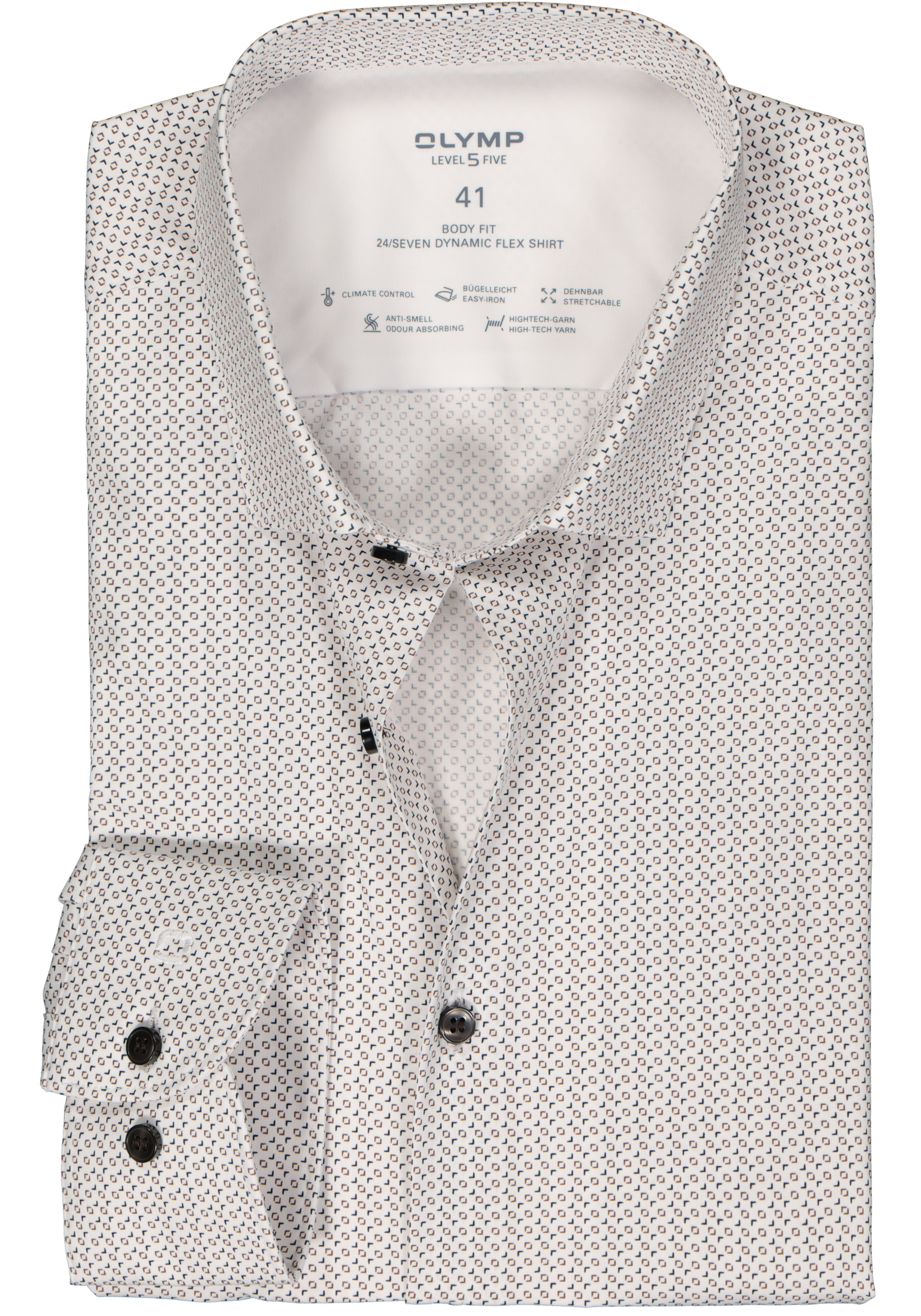 OLYMP 24/7 Level 5 body fit overhemd, popeline, wit met beige en donkerblauw dessin