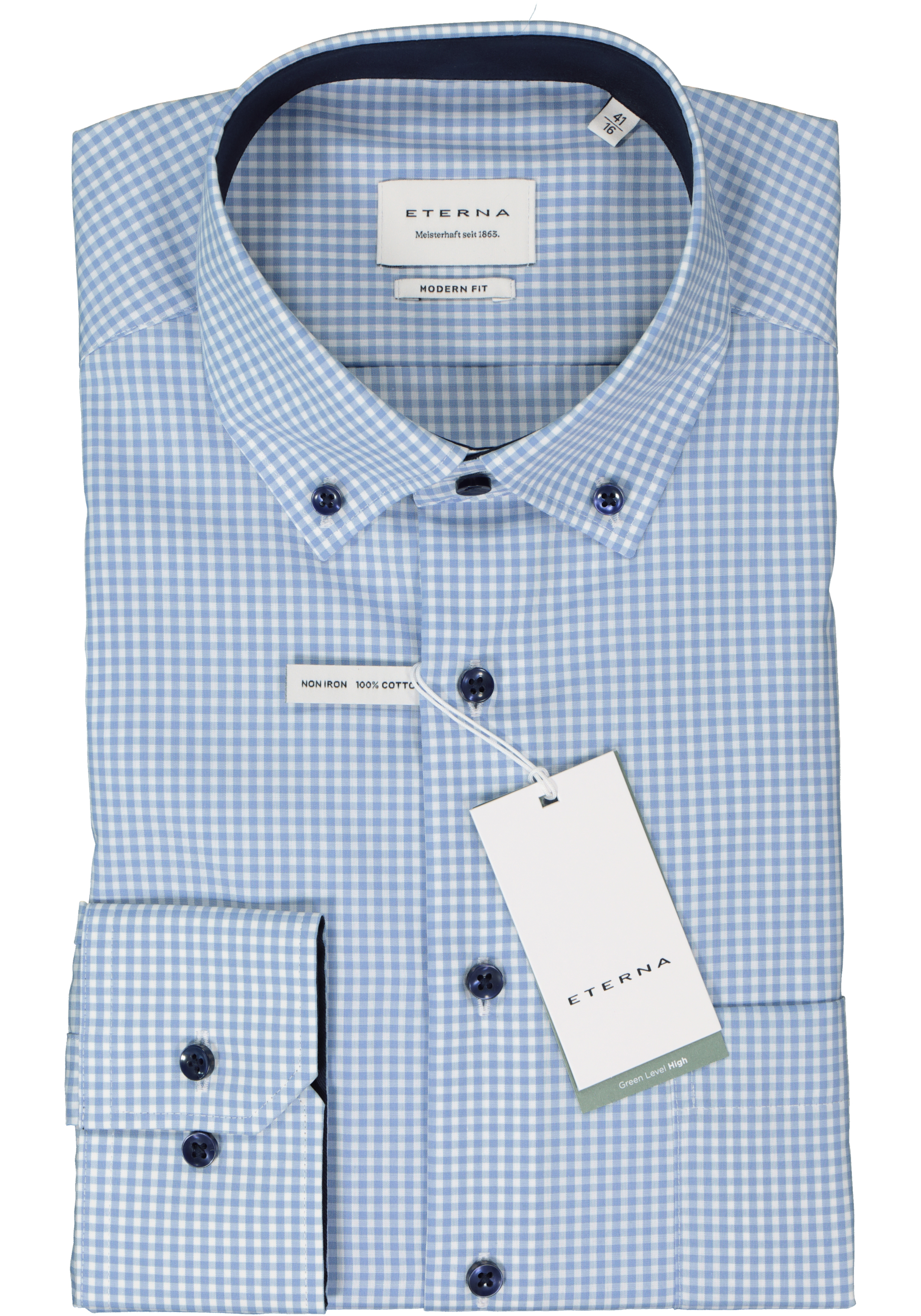 ETERNA modern fit overhemd, popeline, lichtblauw met wit geruit (contrast)