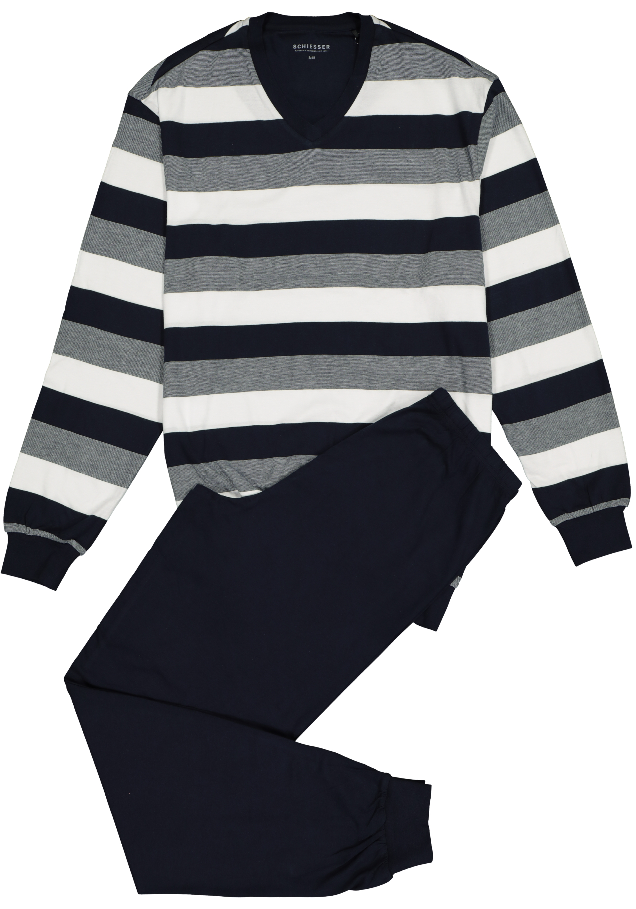 SCHIESSER heren pyjama, V-hals, blauw met wit en grijs gestreept 
