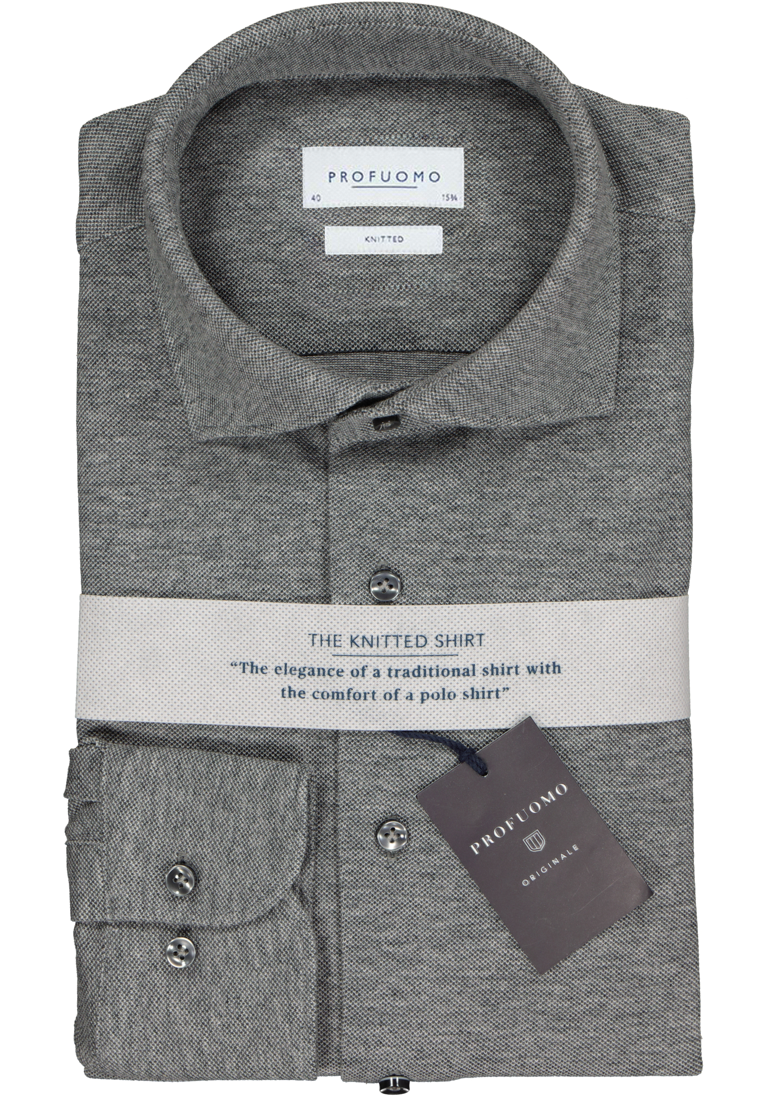 Profuomo slim fit jersey overhemd, knitted shirt pique, antraciet grijs melange