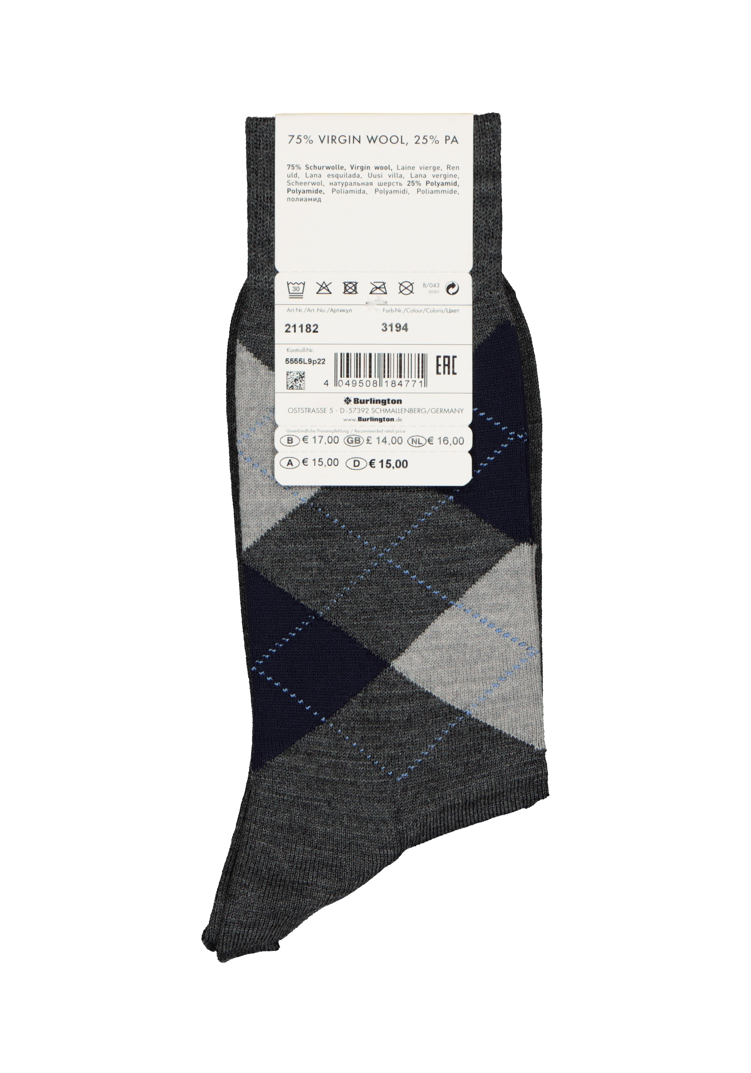Burlington Edinburgh herensokken, wol, antraciet met grijs en blauw