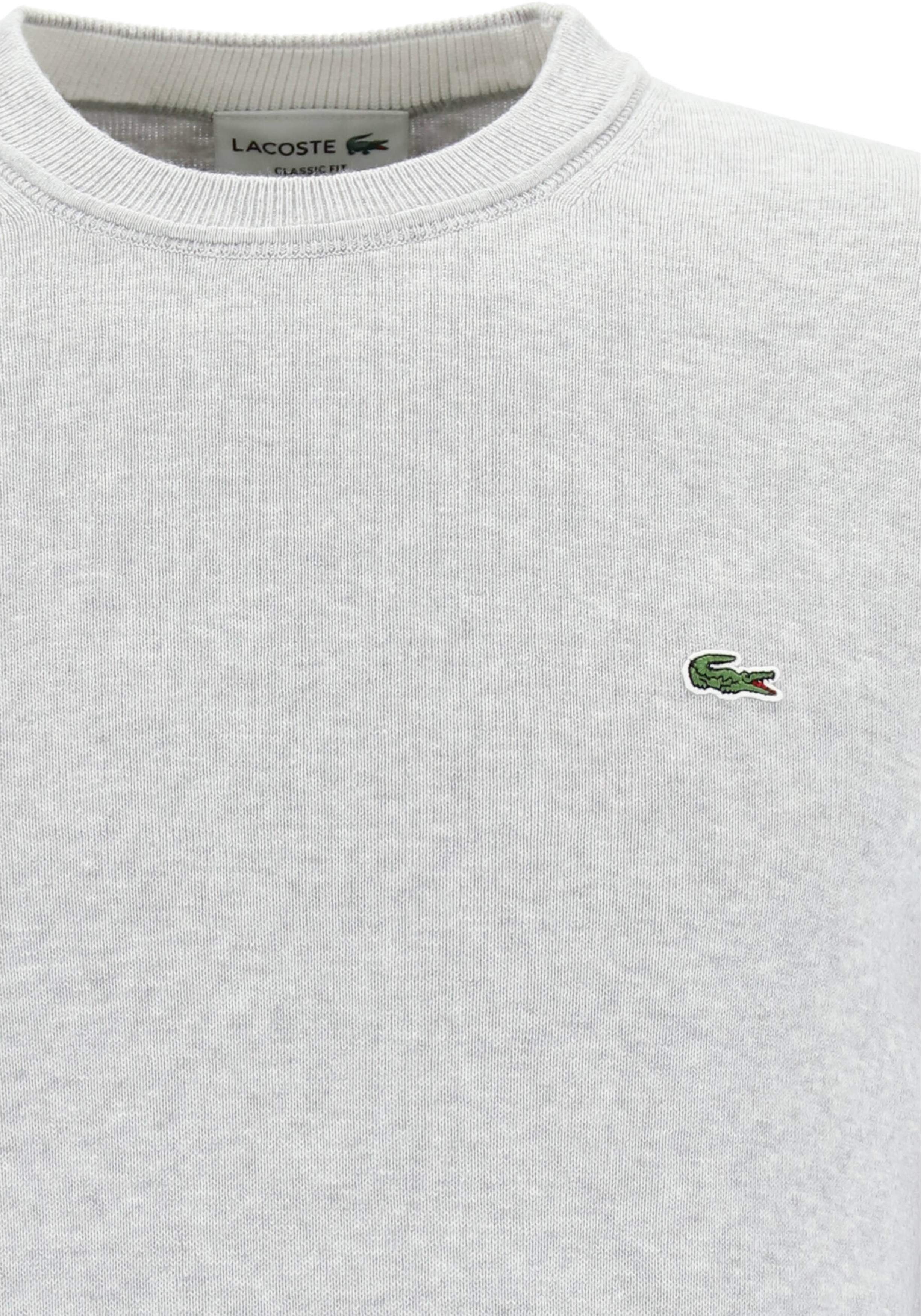 Lacoste trui katoen O-hals, gebreide heren trui, lichtgrijs melange