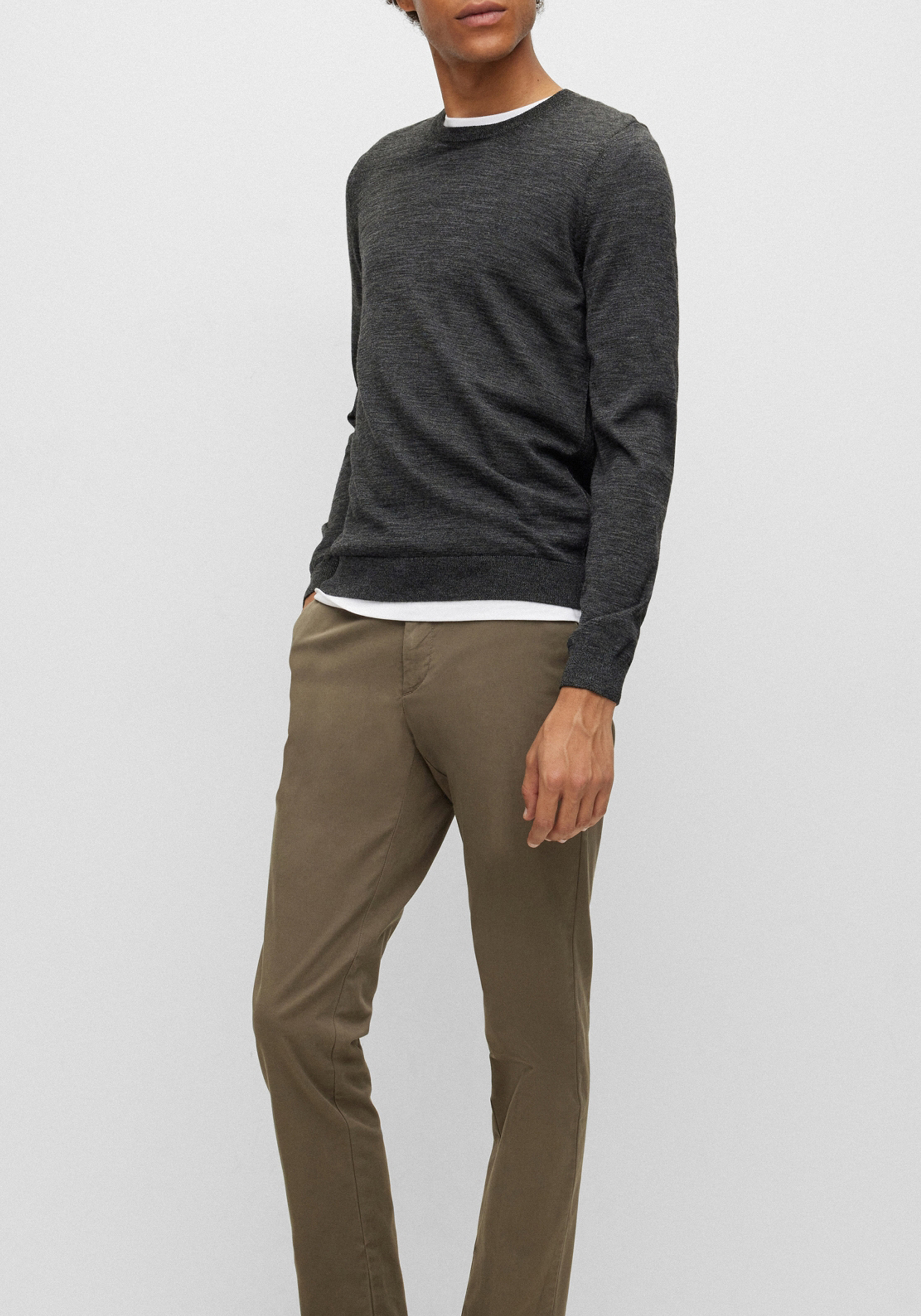 BOSS Leno slim fit trui wol, heren pullover met O-hals, zwart