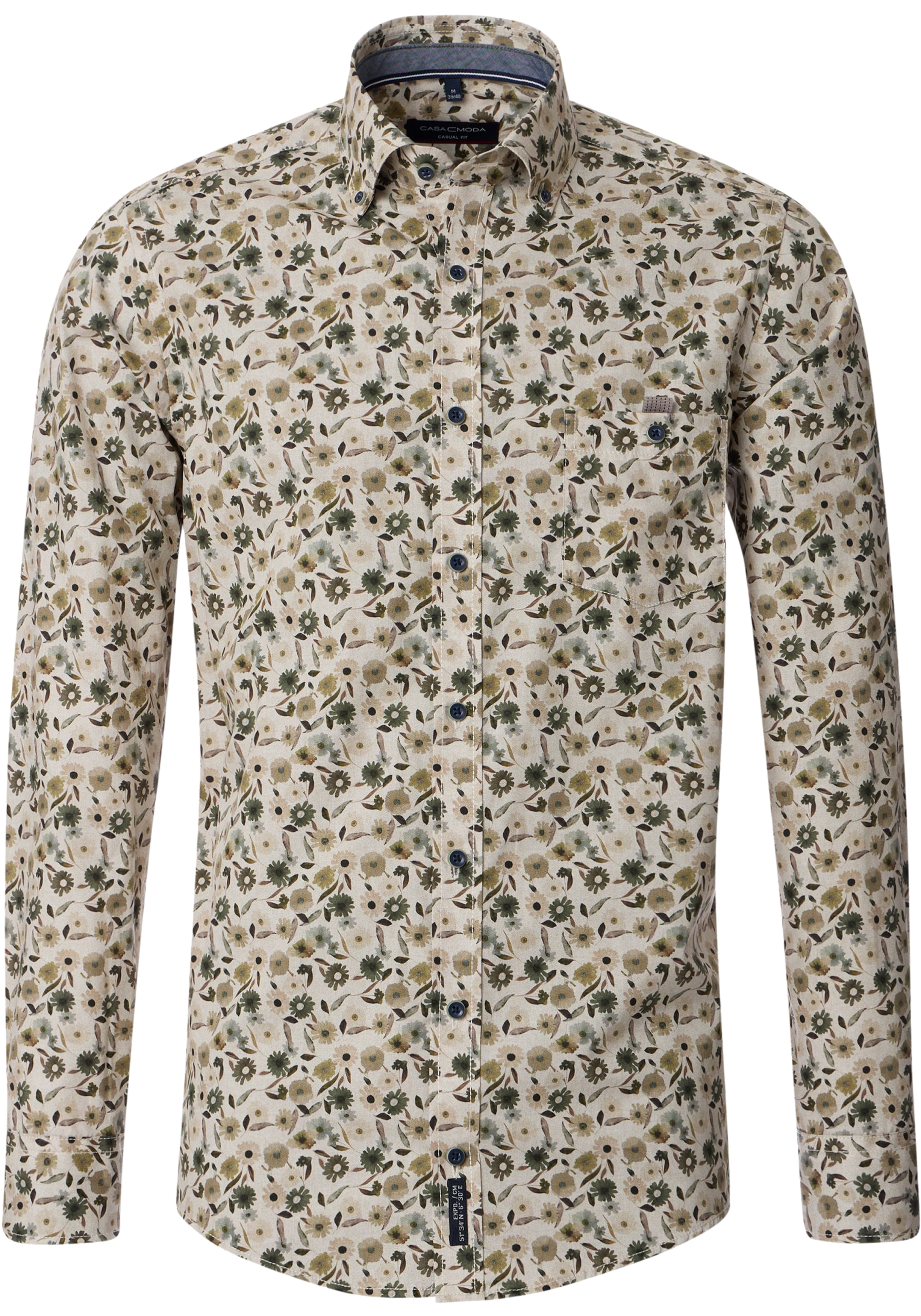 CASA MODA Sport casual fit overhemd, popeline, beige met groen dessin