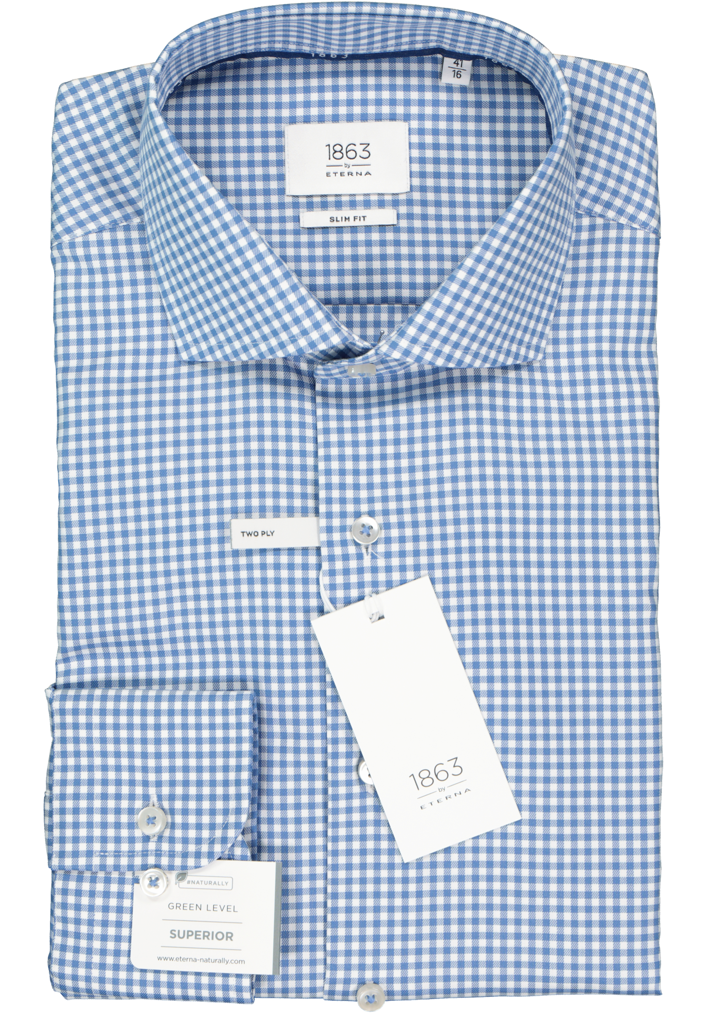 ETERNA 1863 slim fit premium overhemd, 2-ply twill heren overhemd, blauw met wit geruit