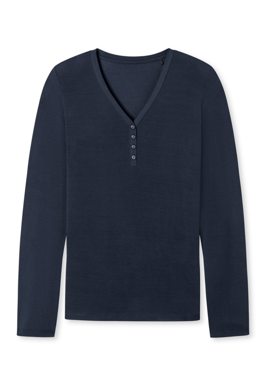 SCHIESSER Mix+Relax T-shirt, dames shirt lange mouwen modal v-hals knoopsluiting blauw