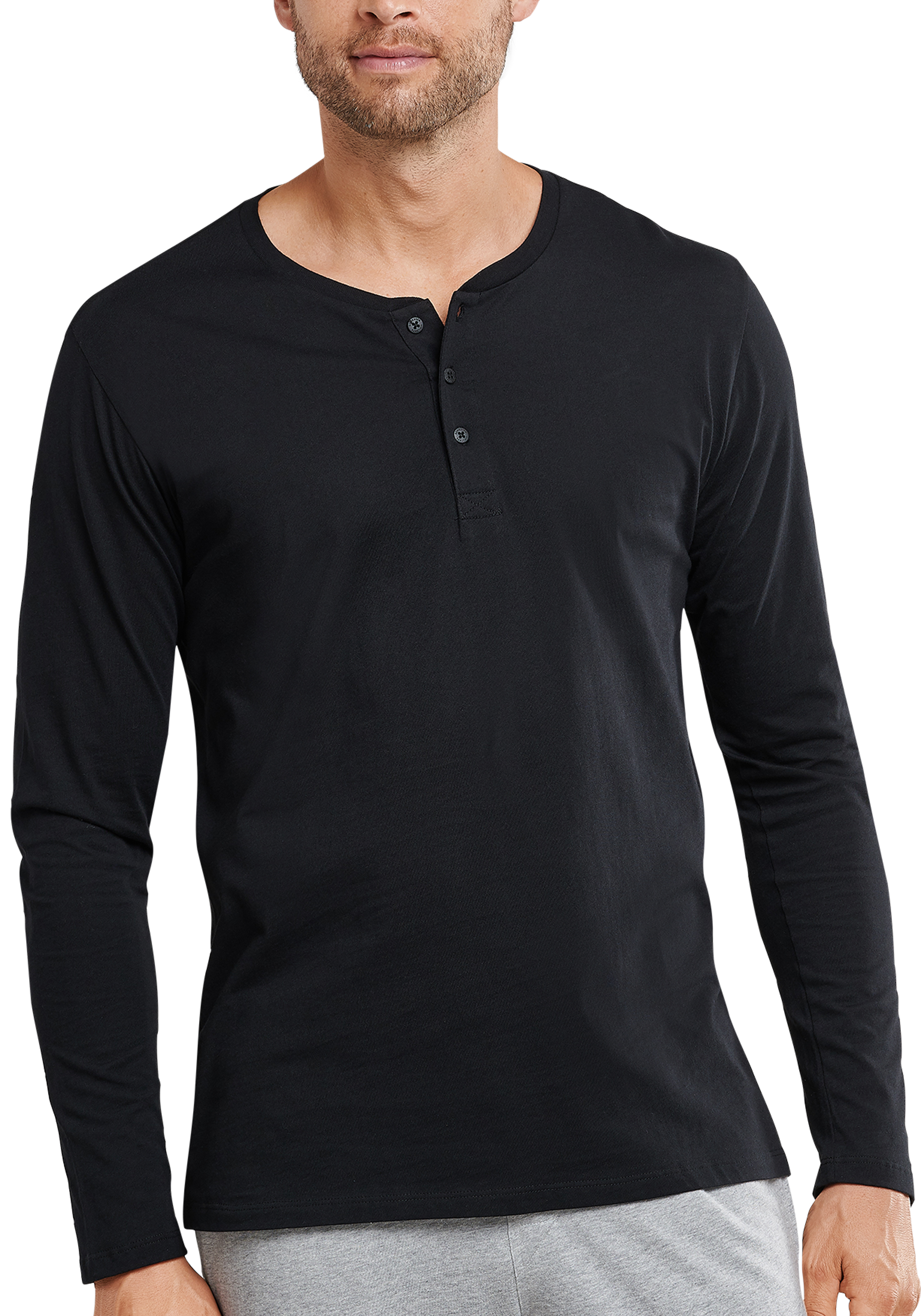 SCHIESSER Mix+Relax T-shirt, lange mouw O-hals met knoopjes, zwart