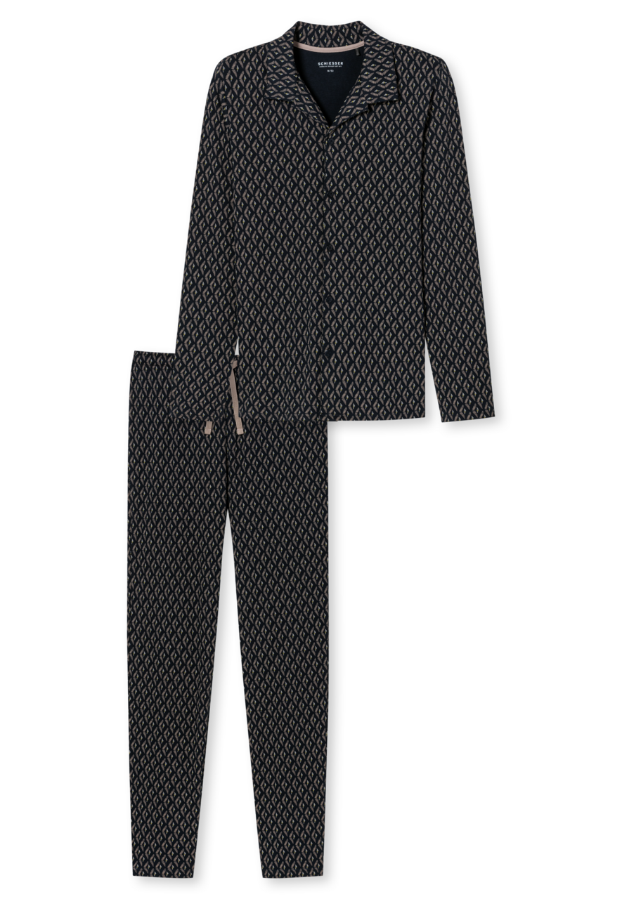 SCHIESSER Fine Interlock pyjamaset, heren pyjama lange interlock knoopsluiting nachtblauw gedessineerd