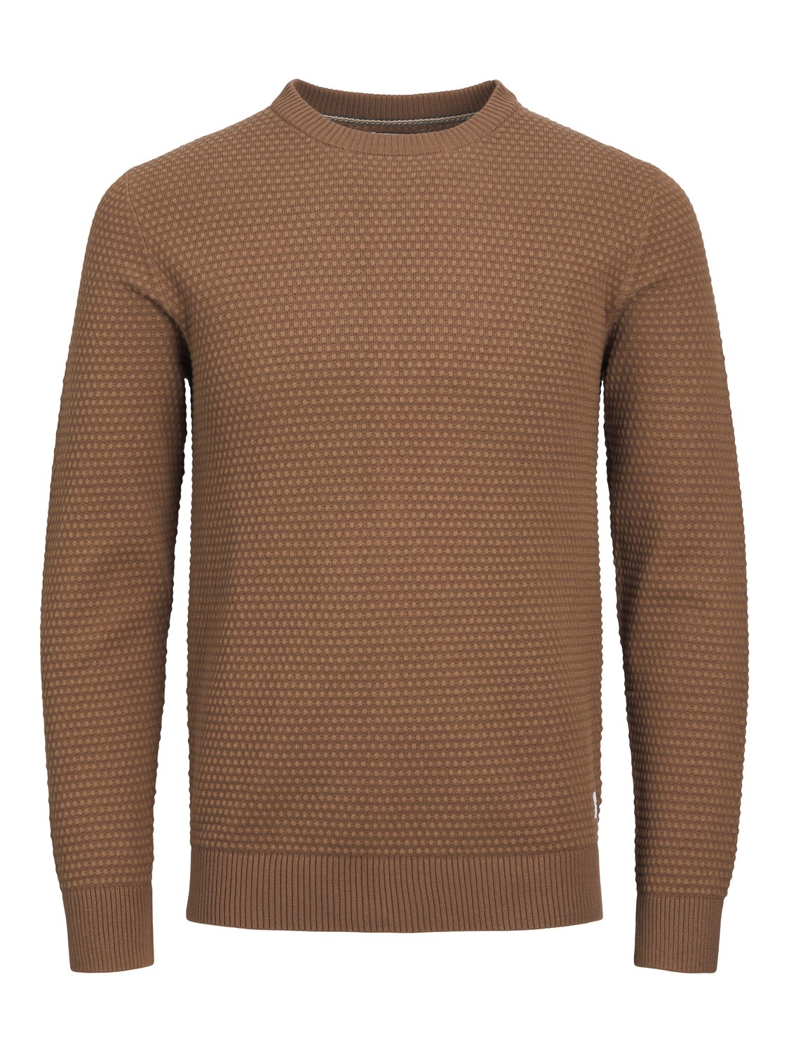 JACK & JONES Atlas knit crew neck slim fit, heren pullover katoen met O-hals, camel bruin melange