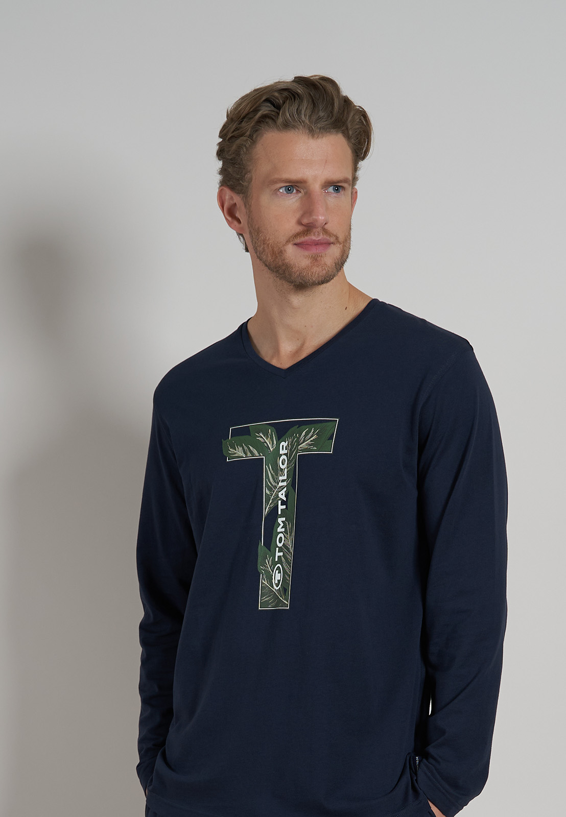 TOM TAILOR heren T-shirt lange mouw met V-hals (1-pack), donkerblauw