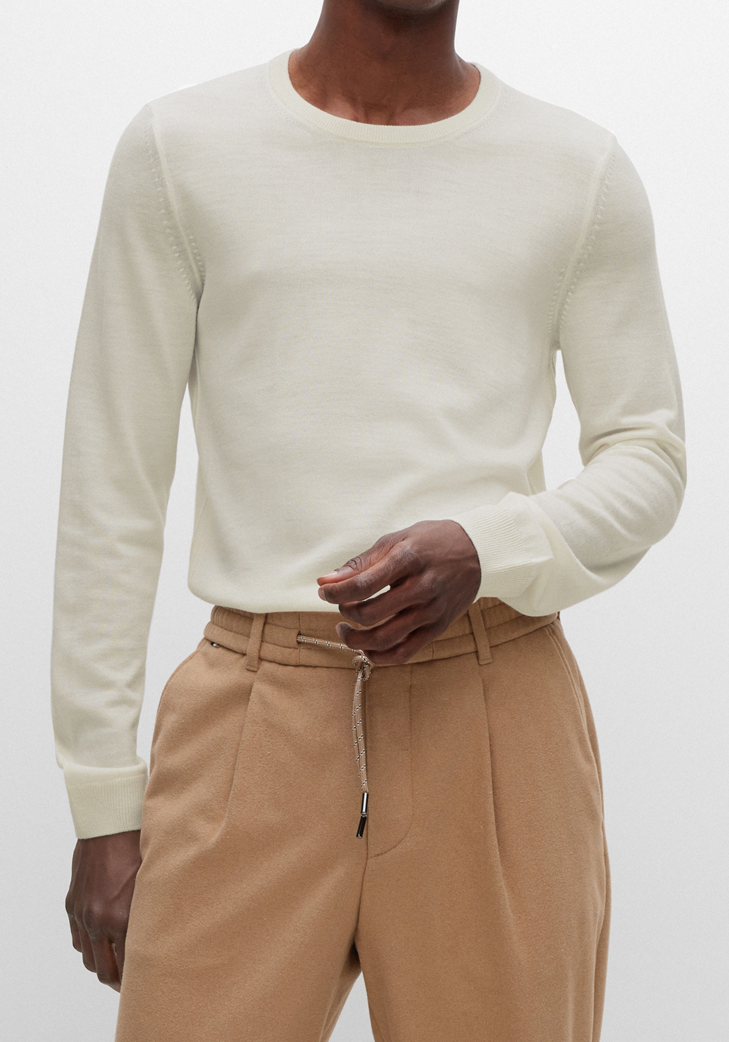 BOSS Leno slim fit trui wol, heren pullover met O-hals, wit