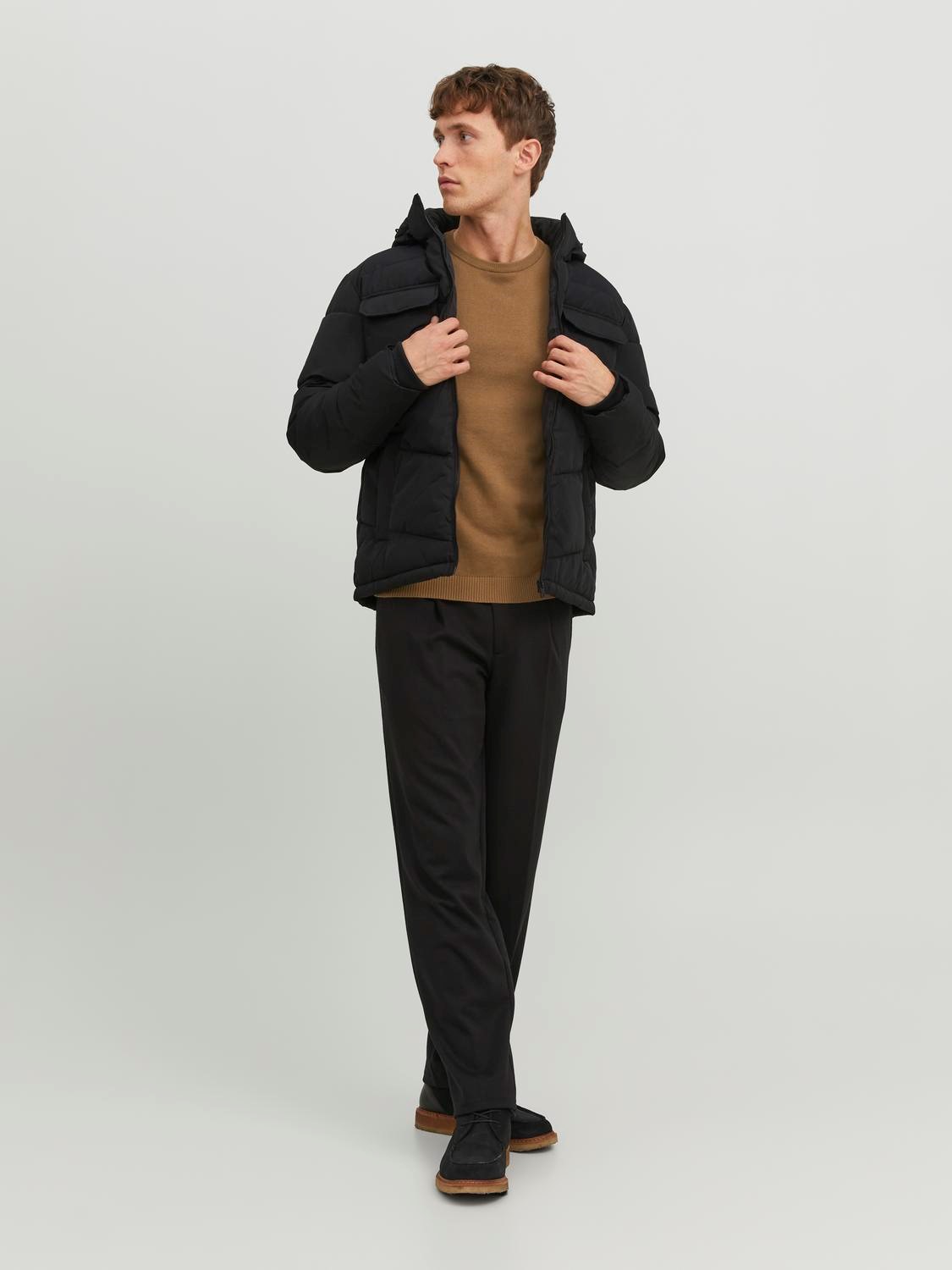 JACK & JONES Basic knit crew neck slim fit, heren pullover katoen met O-hals, camel bruin