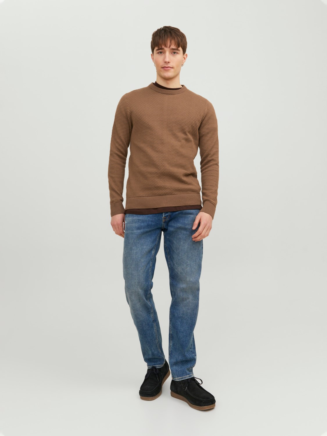 JACK & JONES Atlas knit crew neck slim fit, heren pullover katoen met O-hals, camel bruin melange