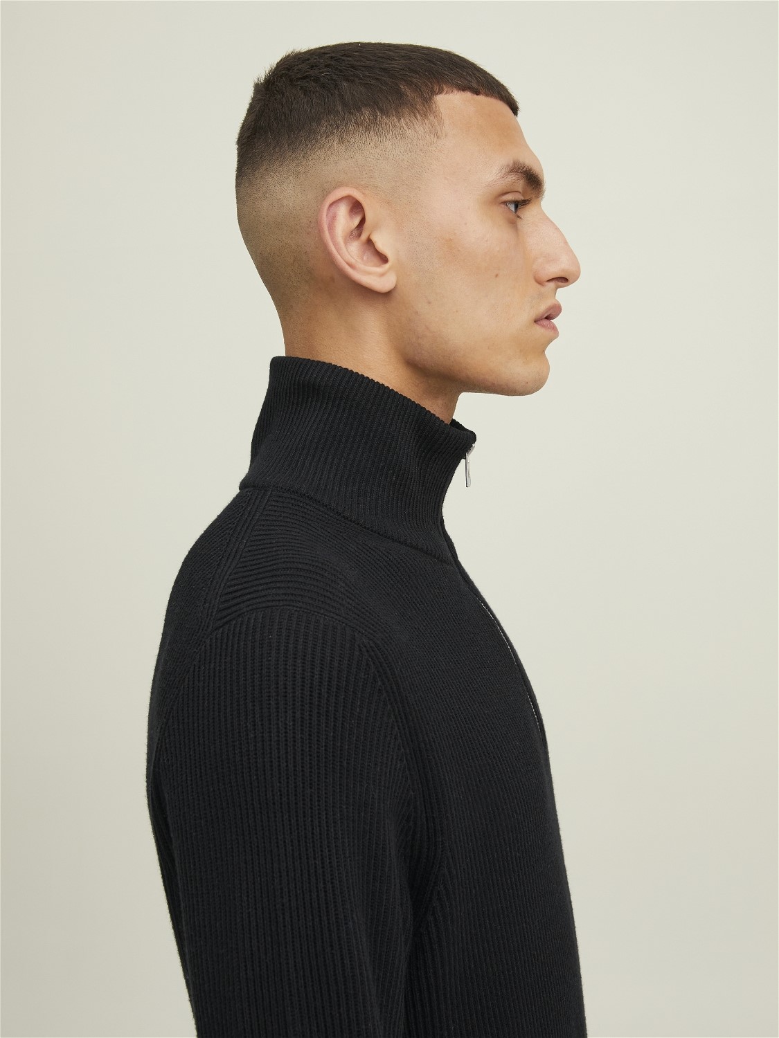 JACK & JONES Perfect knit half zip slim fit, heren schipperstrui katoenmengsel met opstaande boord, zwart