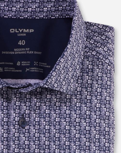 OLYMP Luxor 24/7 modern fit overhemd, korte mouw, popeline, marineblauw dessin