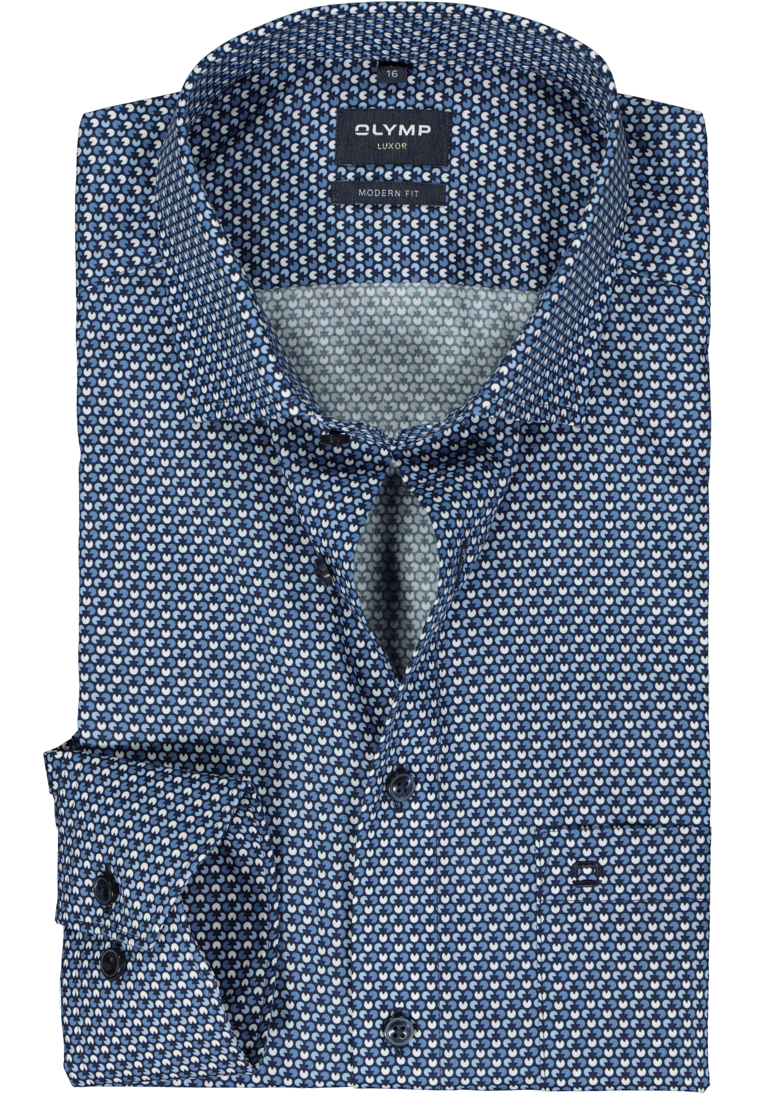 OLYMP modern fit overhemd, popeline, blauw met wit dessin