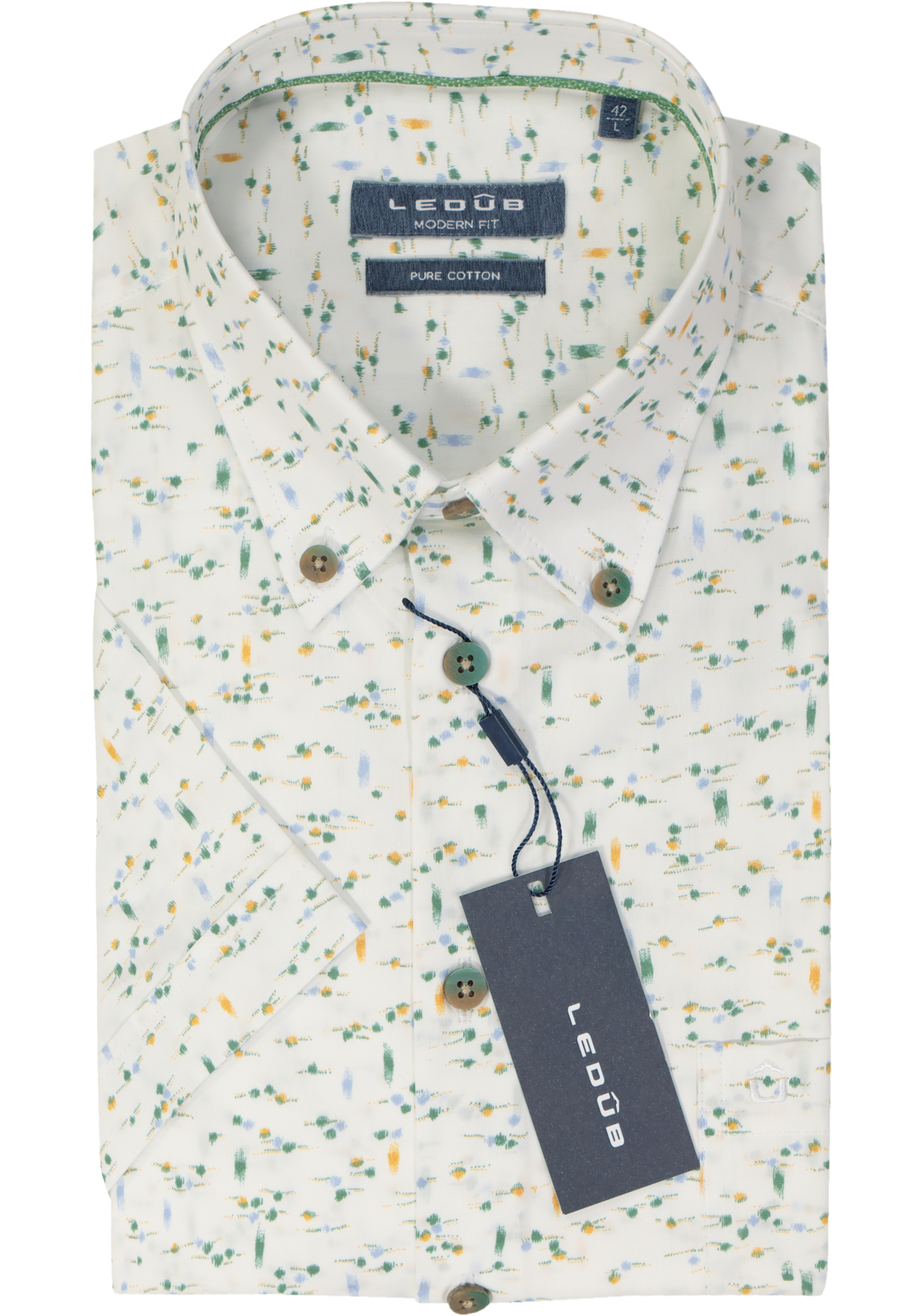 Ledub modern fit overhemd, korte mouw, wit met groen dessin