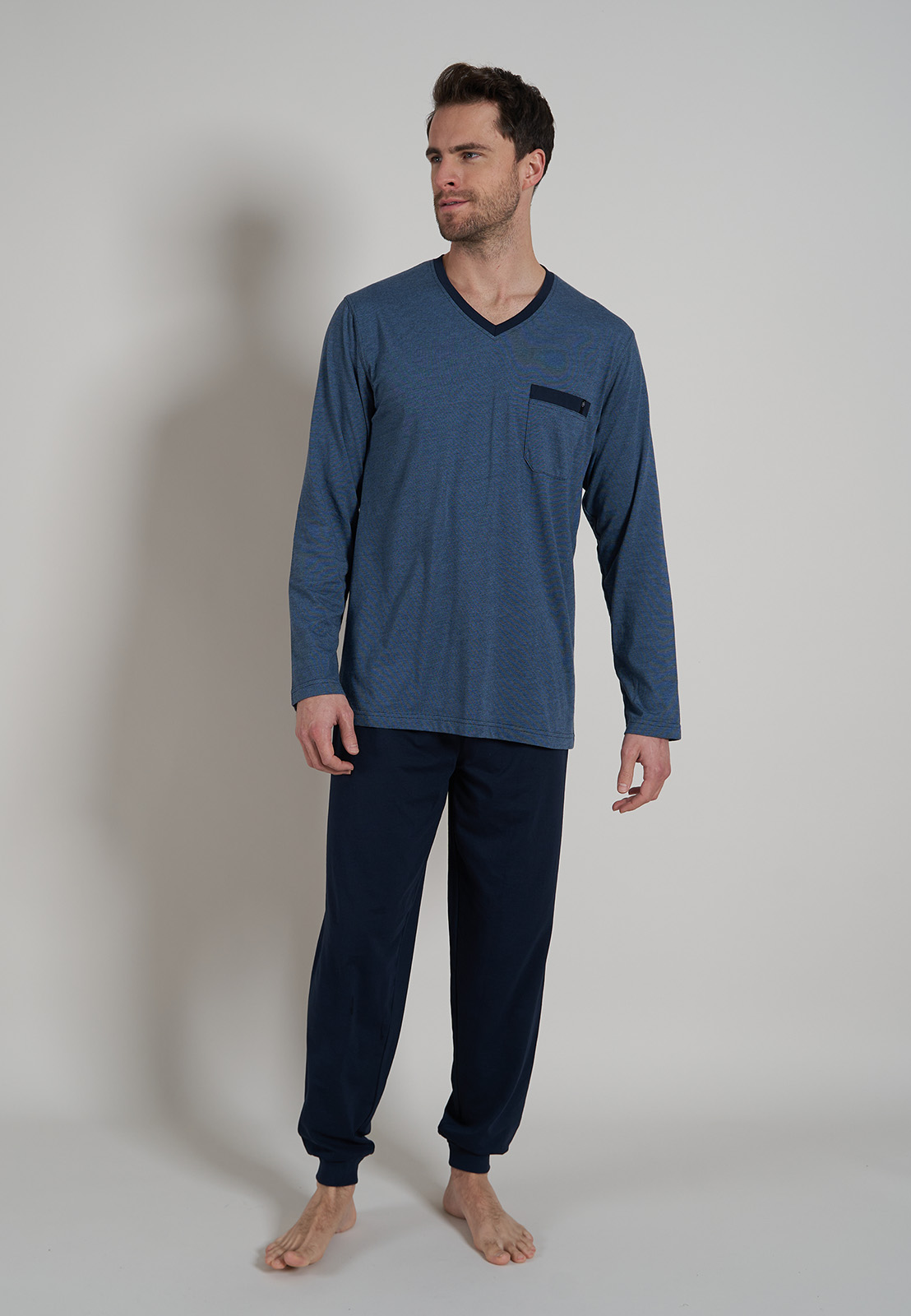 BUGATTI heren pyjama V-hals, donkerblauw gestreept