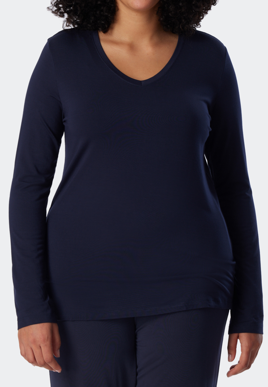 SCHIESSER Mix+Relax T-shirt, dames shirt lange mouwen modal v-hals blauw