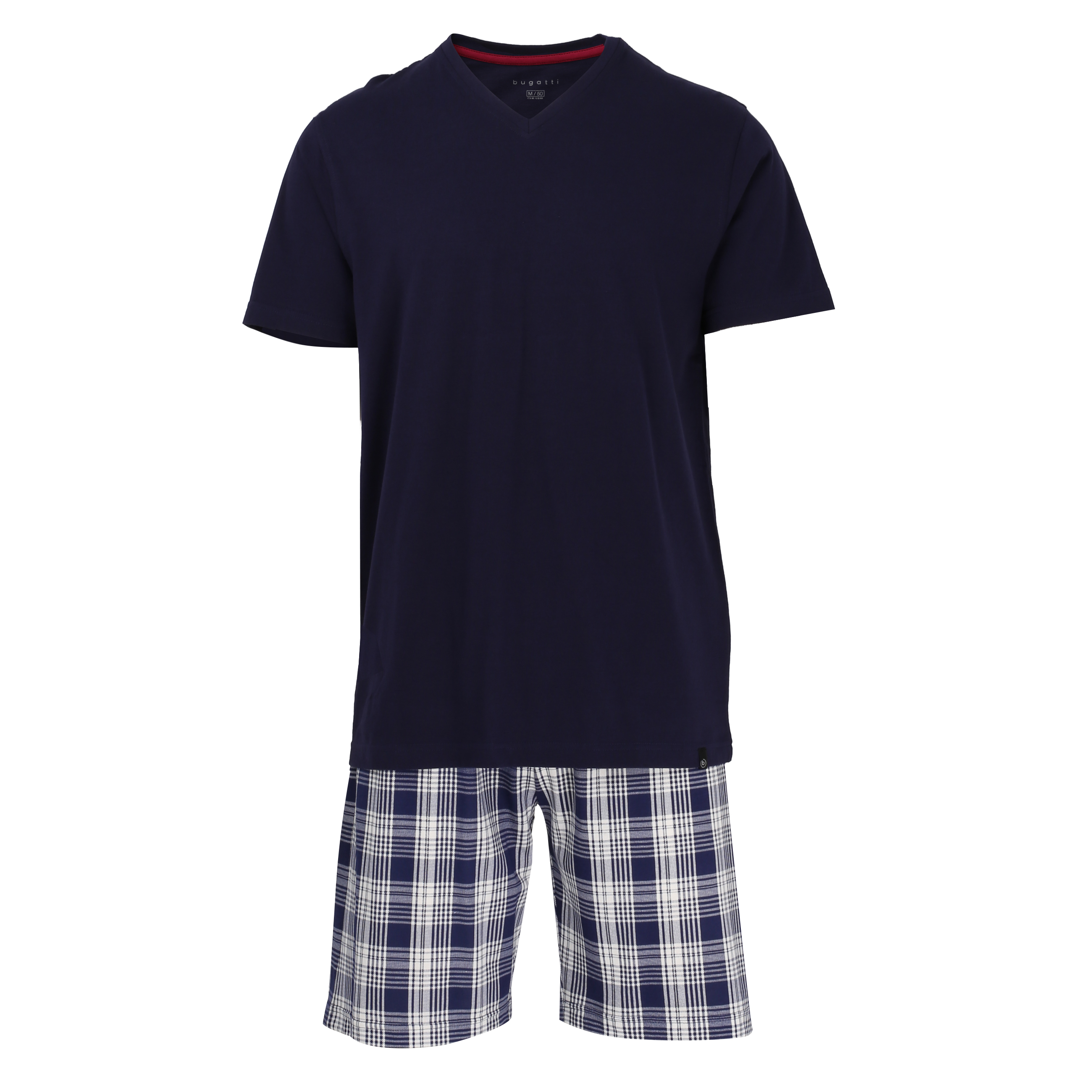 BUGATTI heren shortama V-hals, donkerblauw geruit