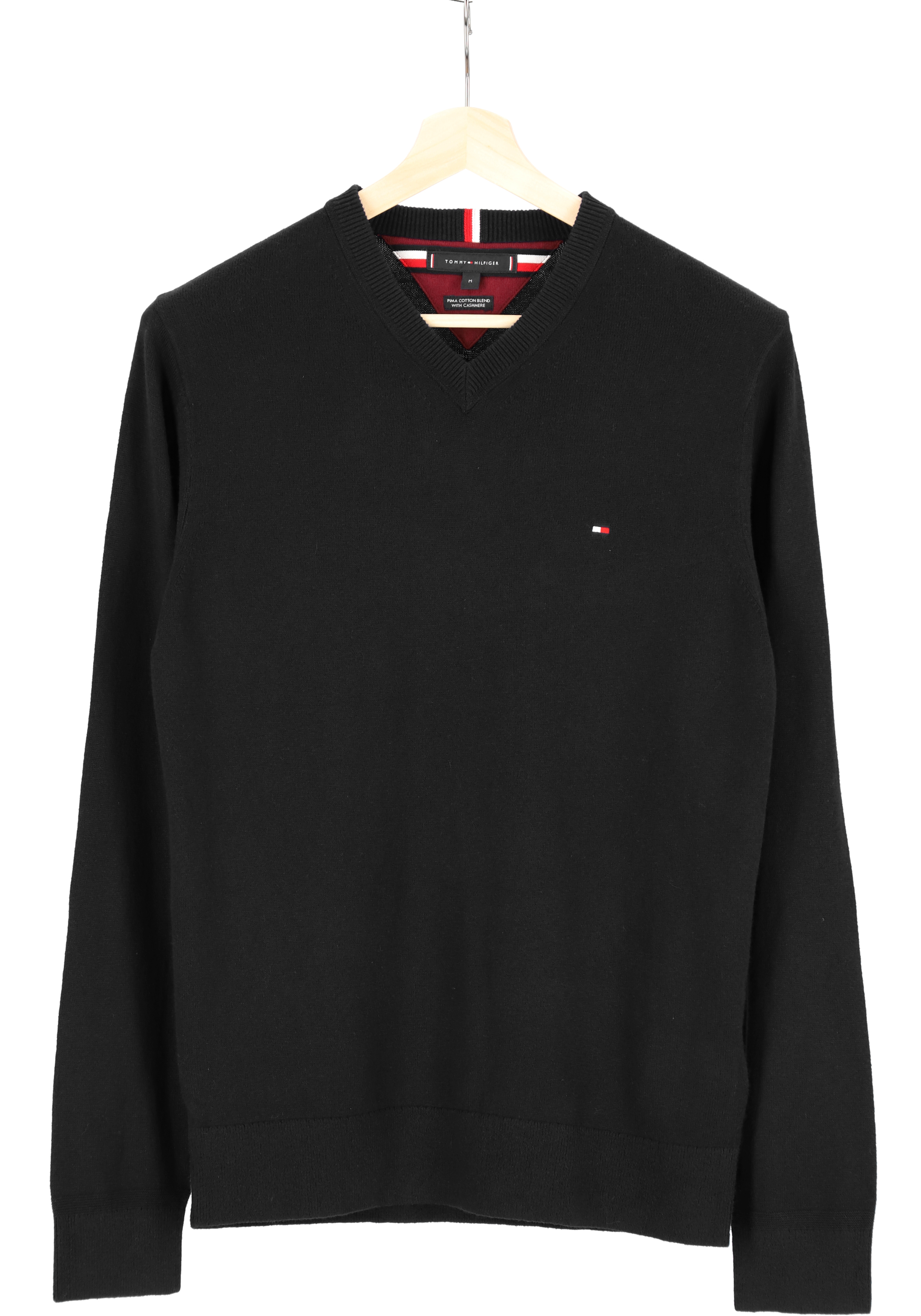 Tommy Hilfiger V-hals trui katoen met kasjmier, Pima Organic Cotton Cashmere, zwart (Black)