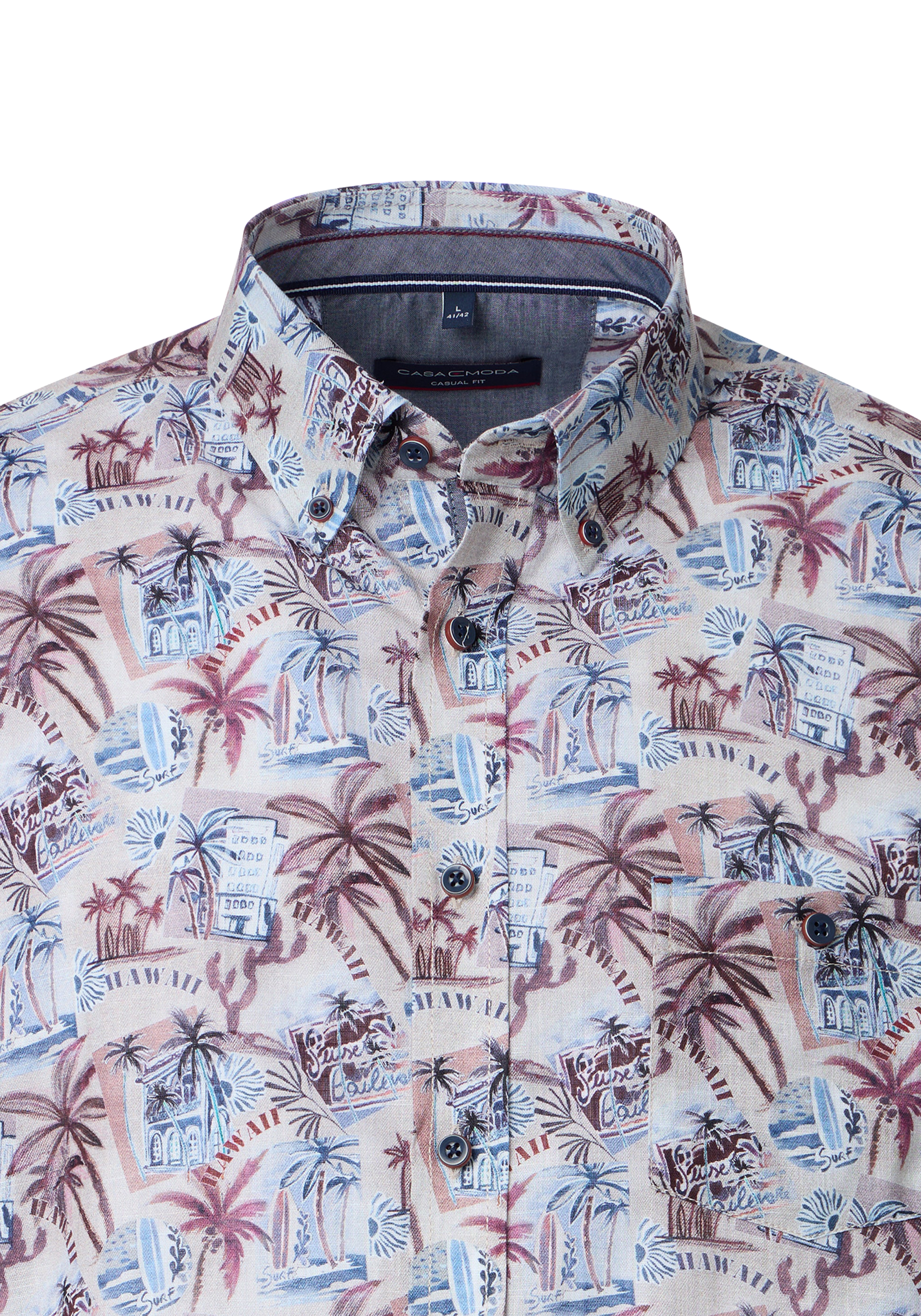 CASA MODA Sport casual fit overhemd, popeline, beige met blauw wit en donkerrood dessin