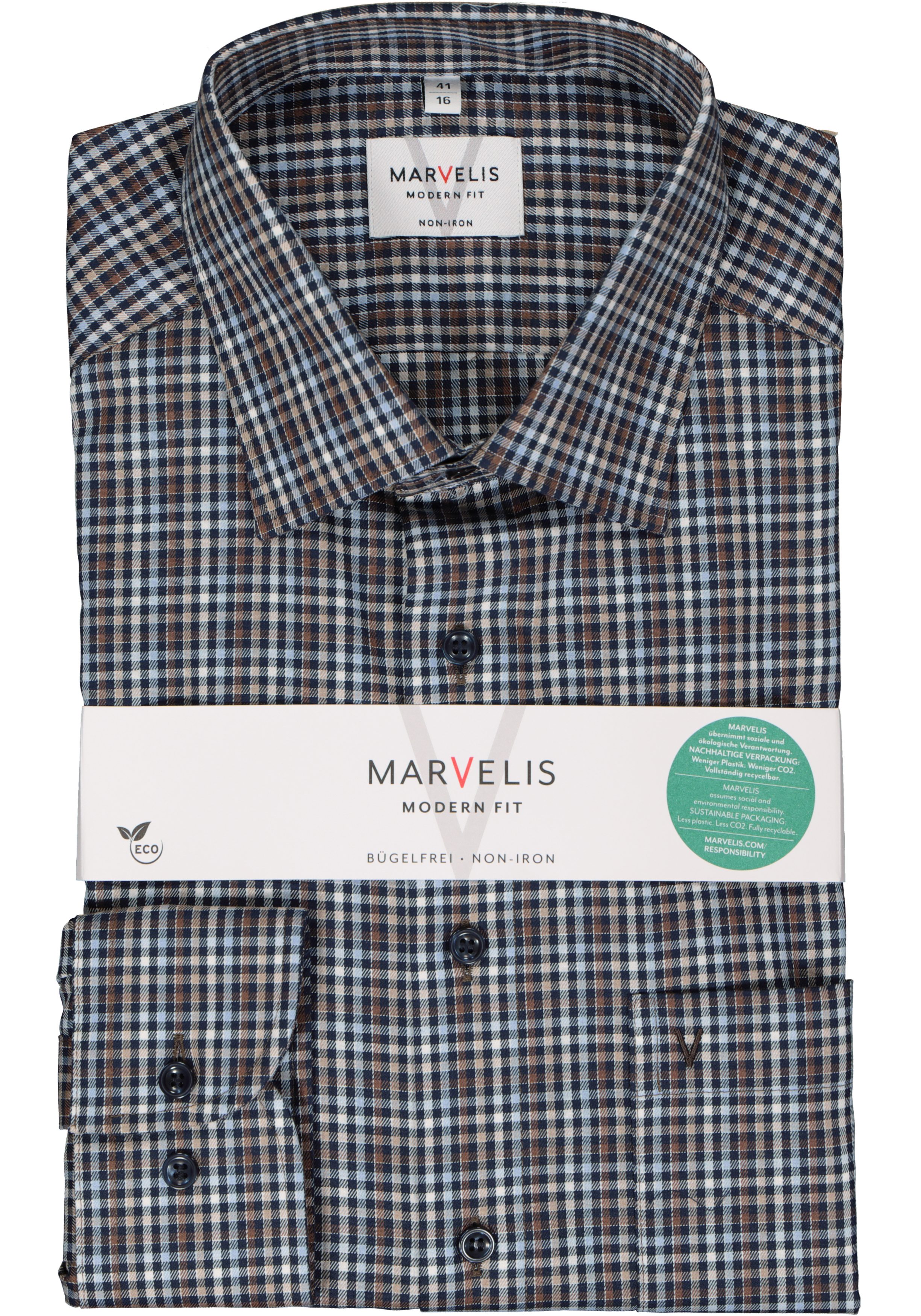MARVELIS modern fit overhemd, twill, blauw, wit en bruin geruit
