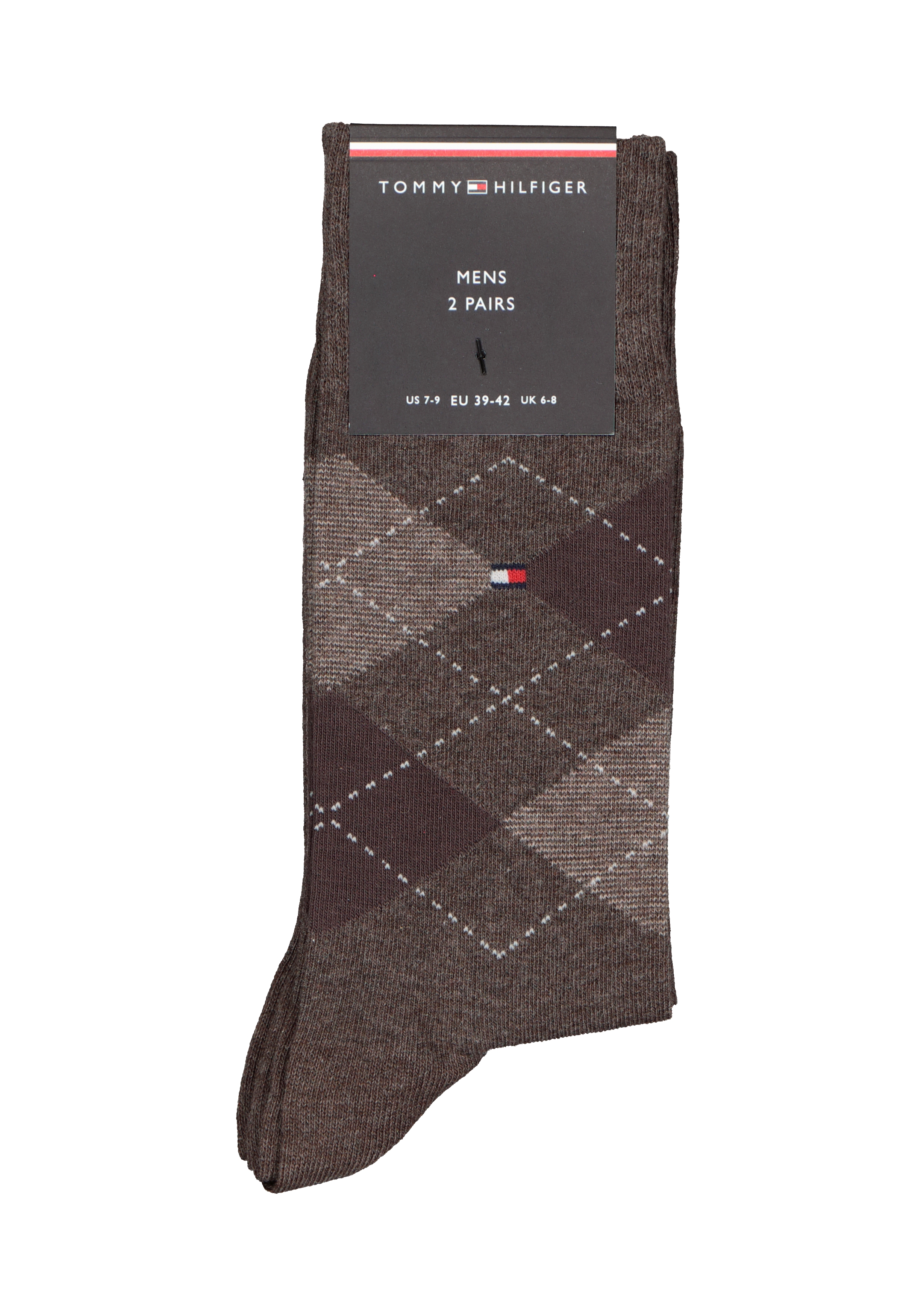Tommy Hilfiger Check Socks (2-pack), herensokken katoen, geruit en uni, bruin