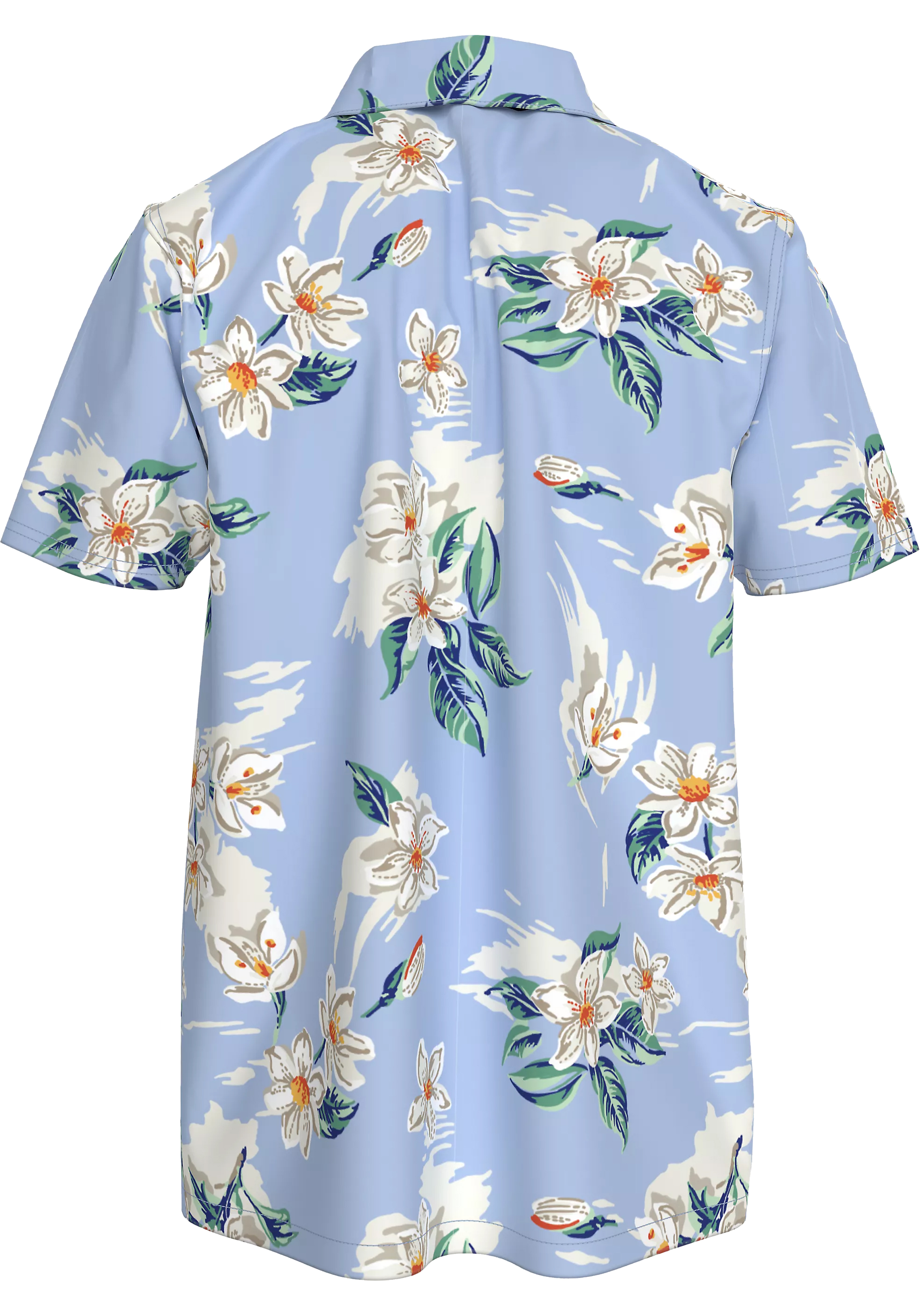 Tommy Hilfiger Bowling Shirt Regular Fit, korte mouw, popeline, lichtblauw met bloemen dessin