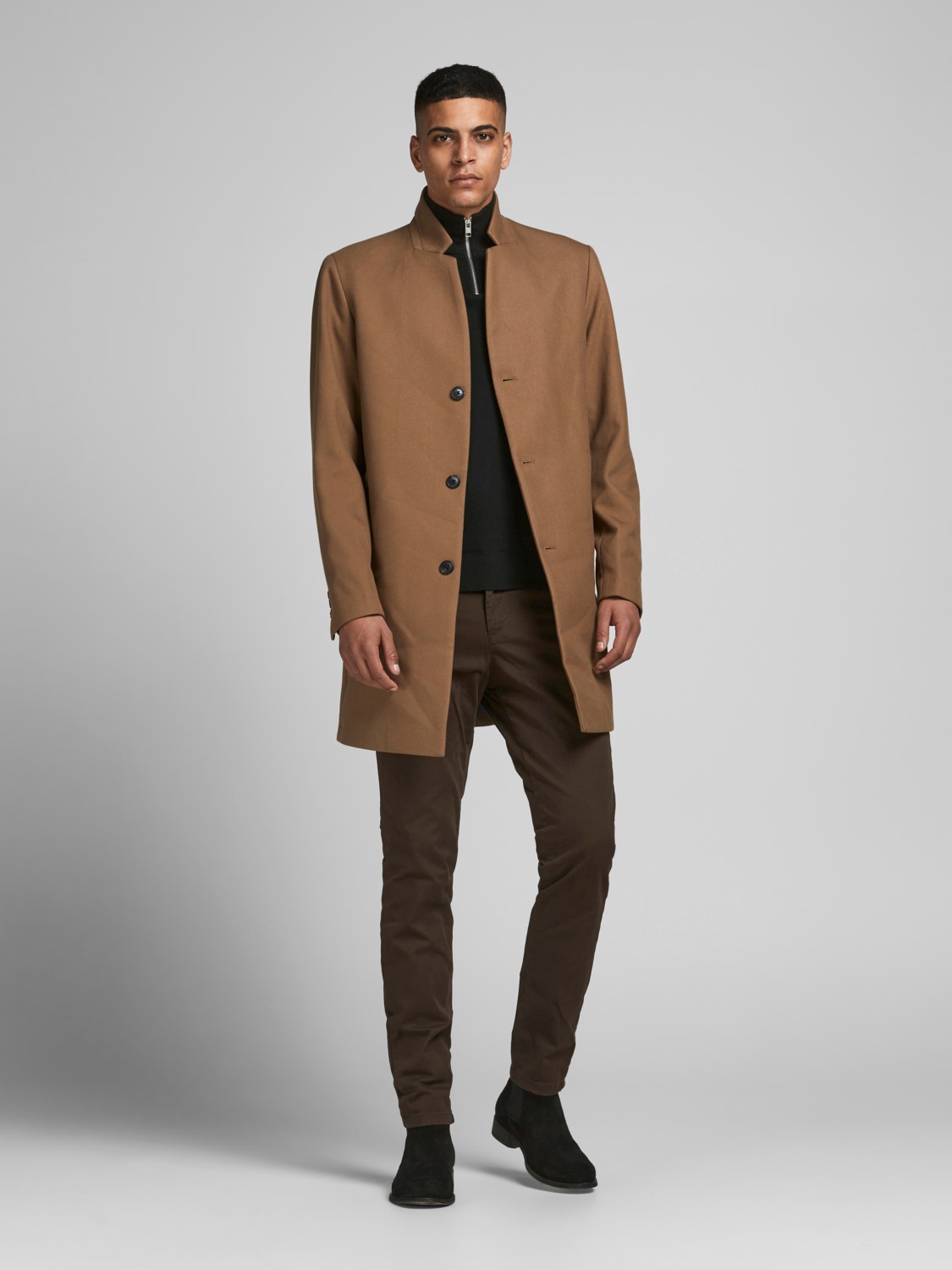 JACK & JONES Emil knit half zip slim fit, heren schipperstrui viscosemengsel met opstaande boord, zwart
