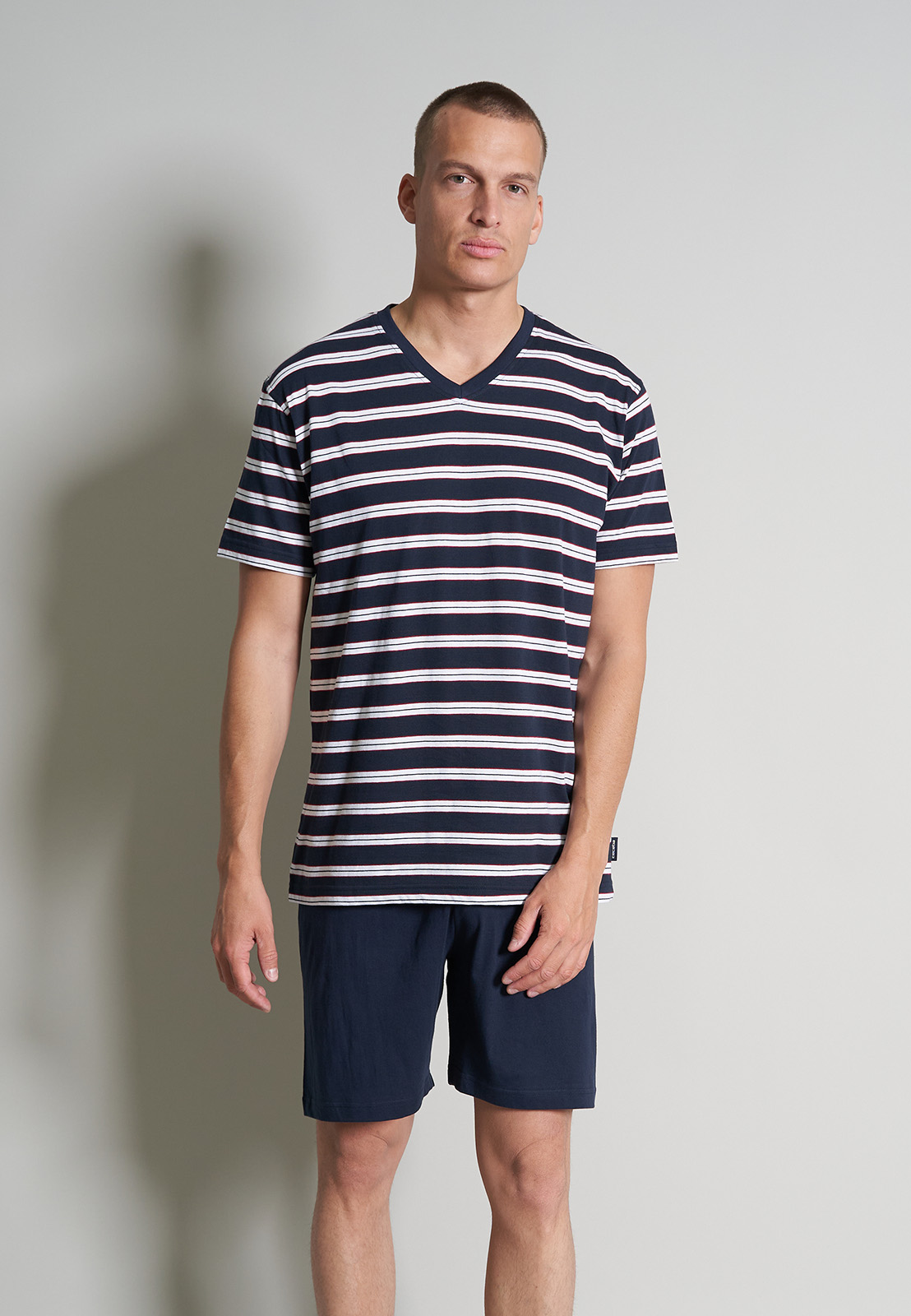 Ceceba heren shortama V-hals, middenblauw gestreept