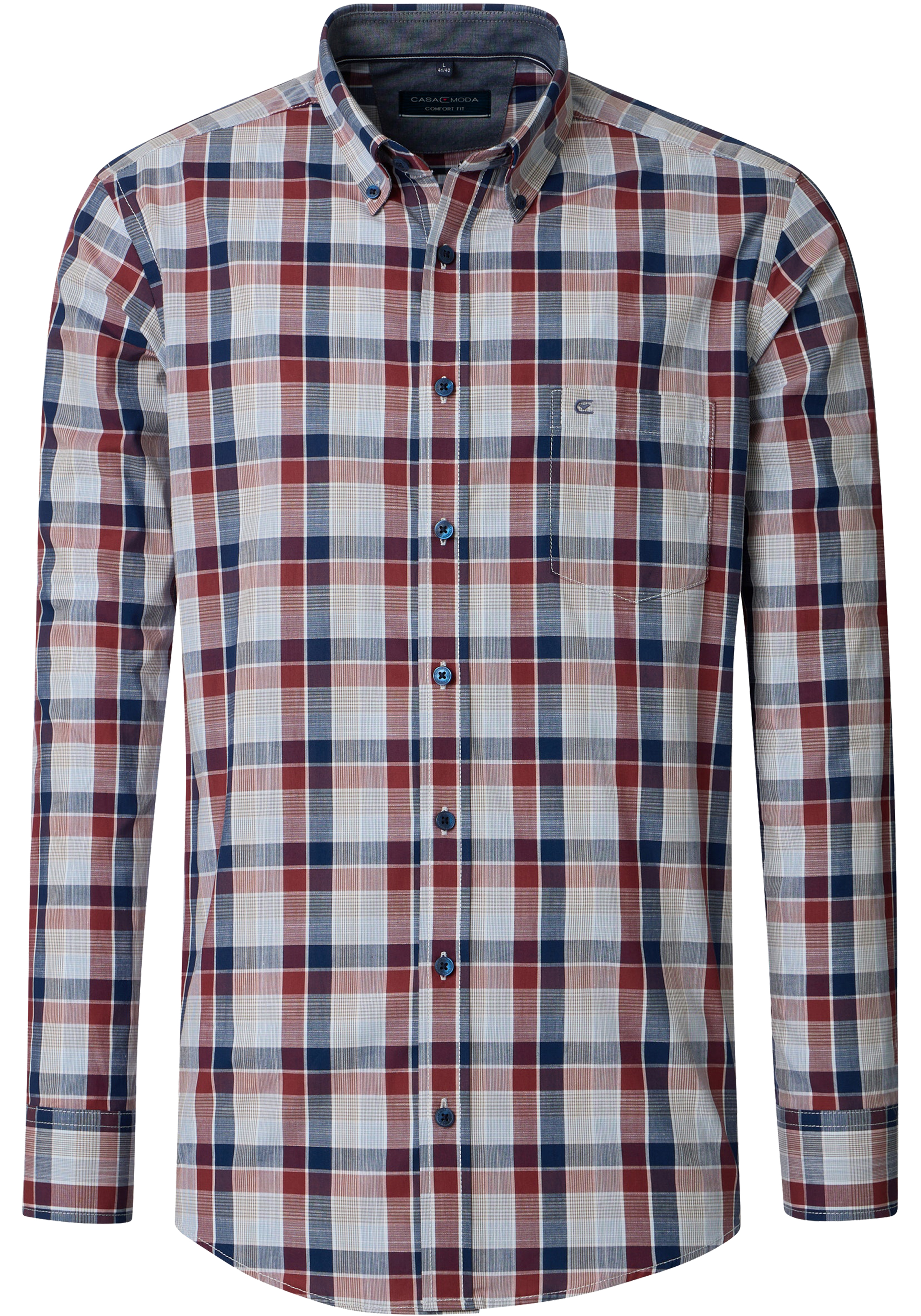CASA MODA Sport comfort fit overhemd, chambray, blauw met donkerrood en beige geruit