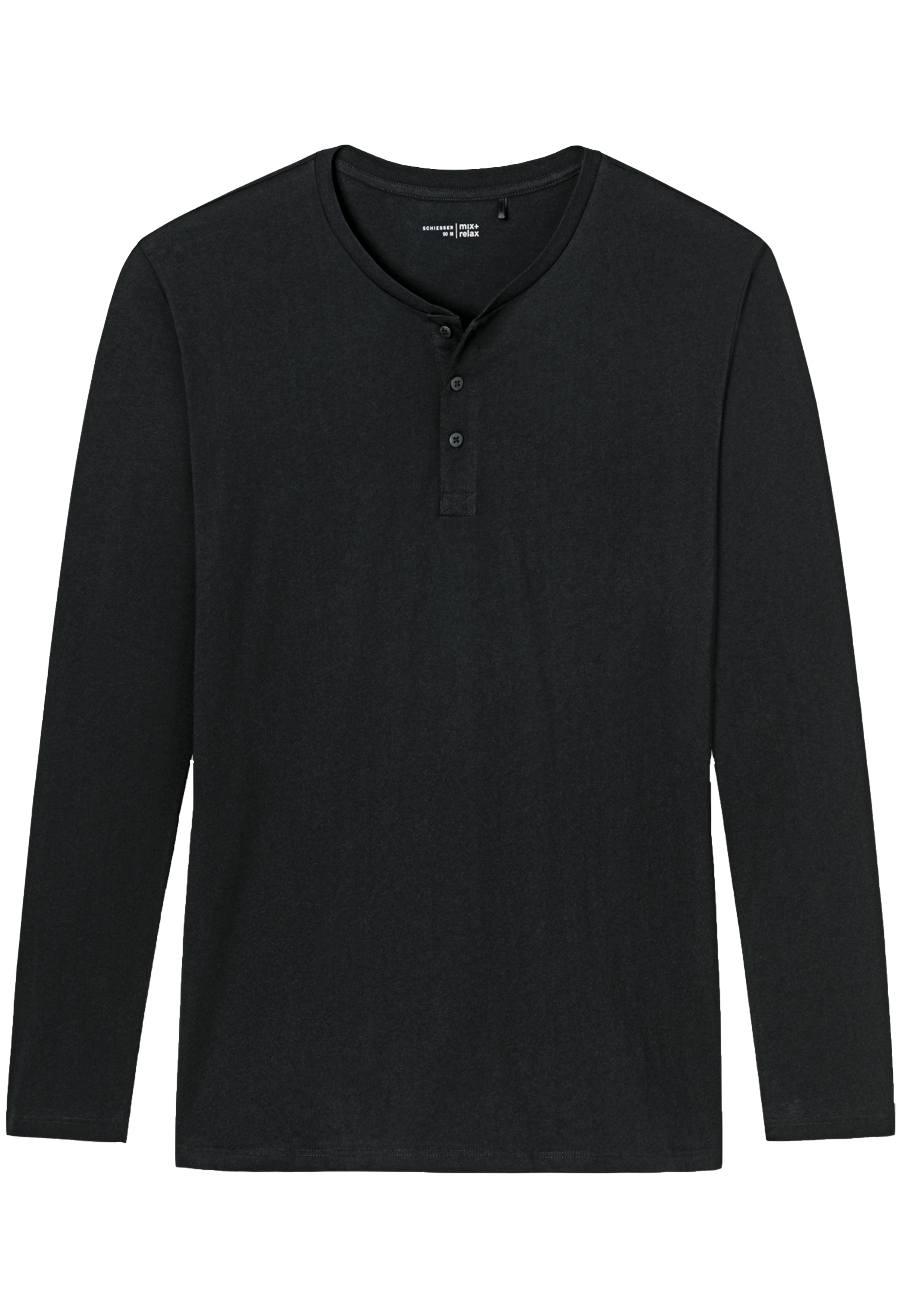 SCHIESSER Mix+Relax T-shirt, lange mouw O-hals met knoopjes, zwart