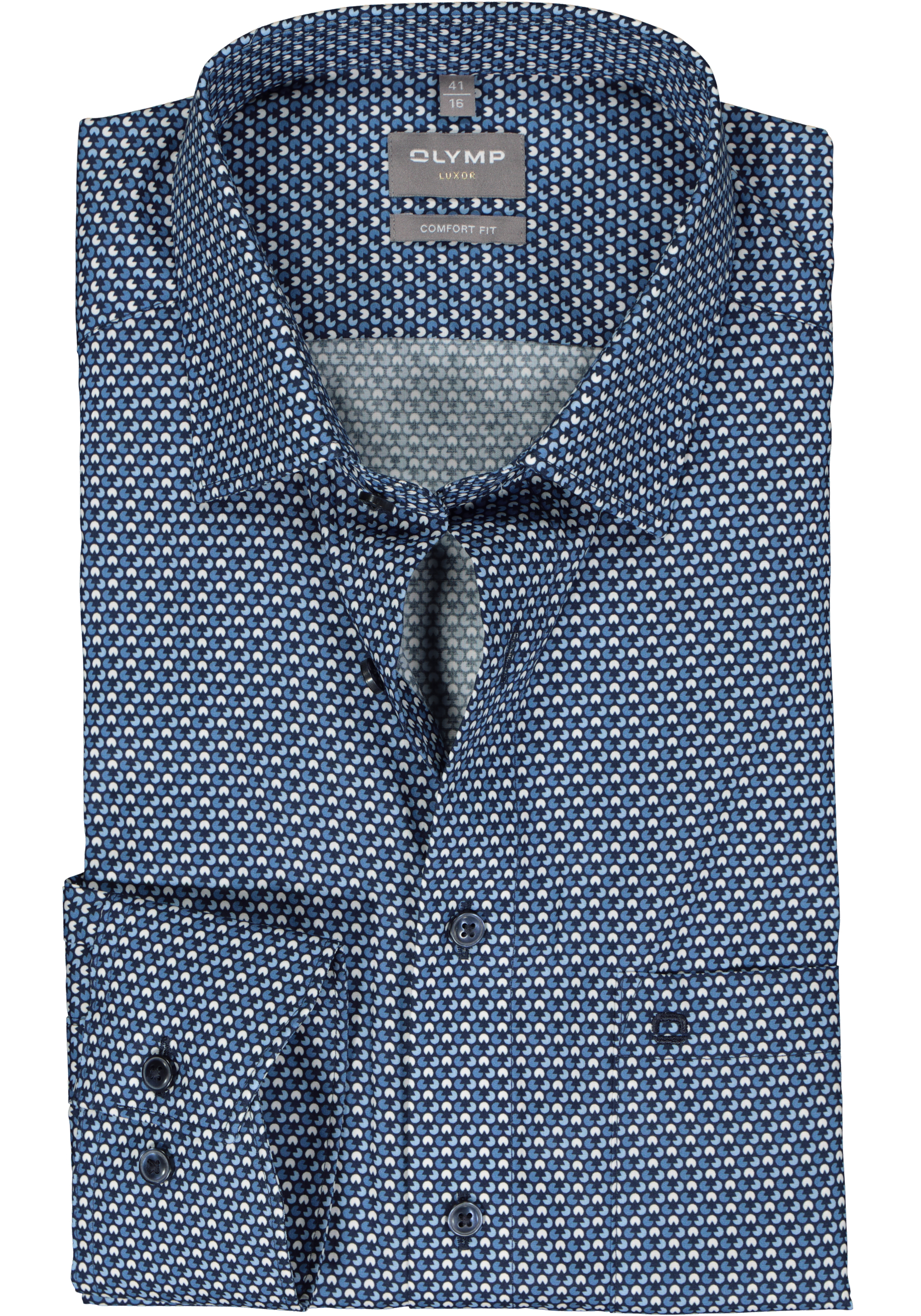 OLYMP comfort fit overhemd, popeline, blauw met wit dessin