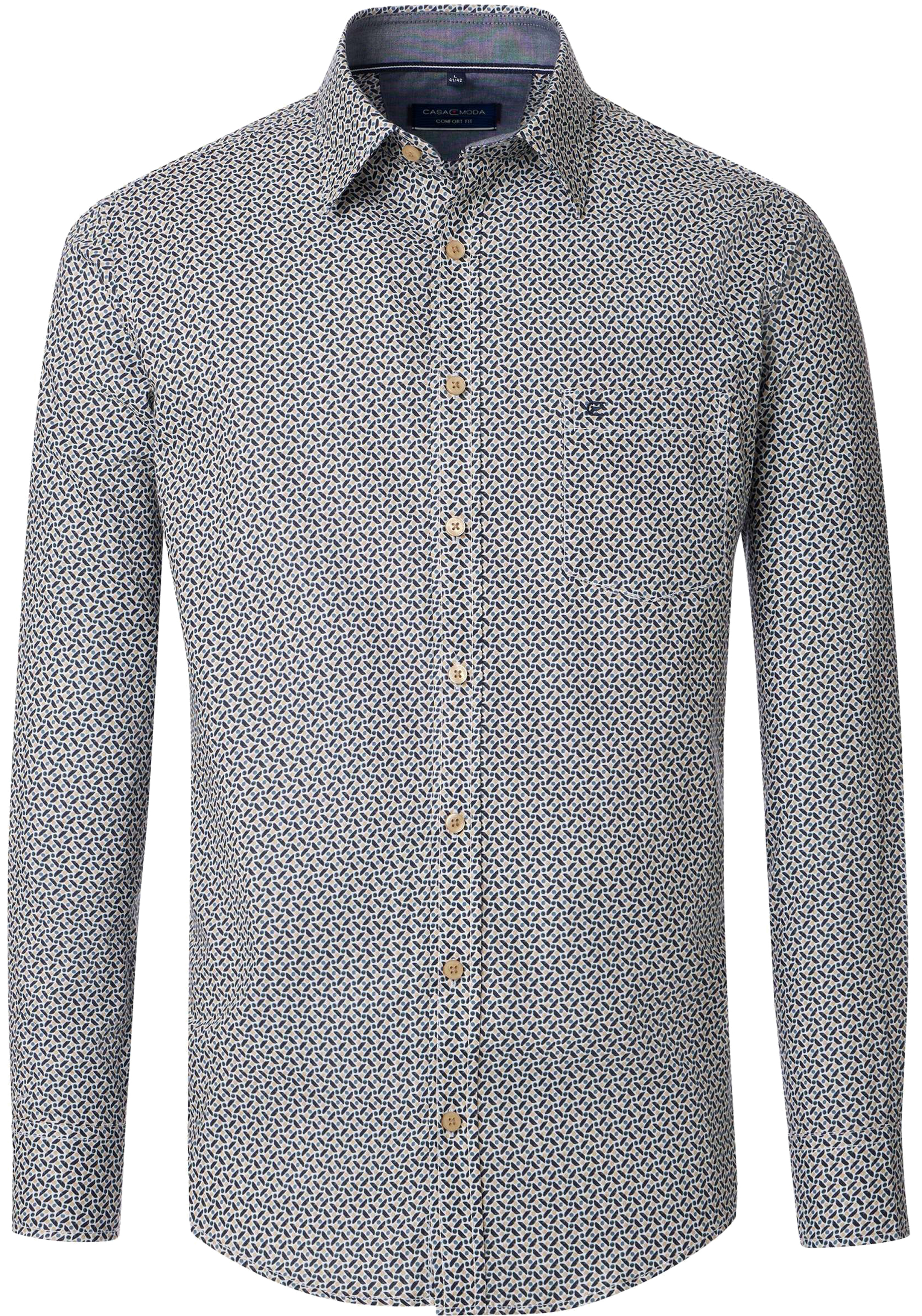 CASA MODA Sport comfort fit overhemd, twill, wit met blauw en beige dessin