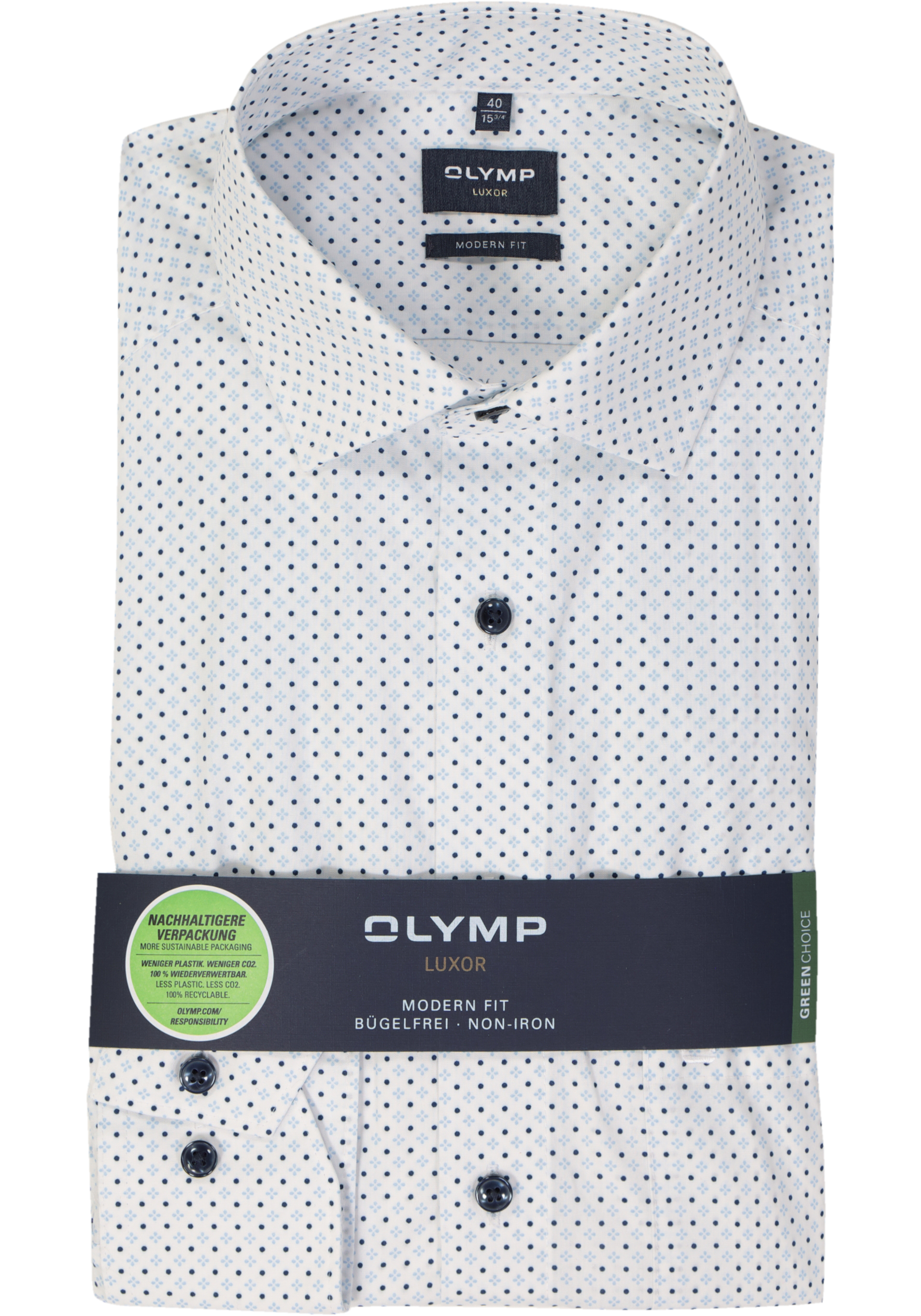 OLYMP modern fit overhemd, mouwlengte 7, popeline, wit met licht- en donkerblauw dessin