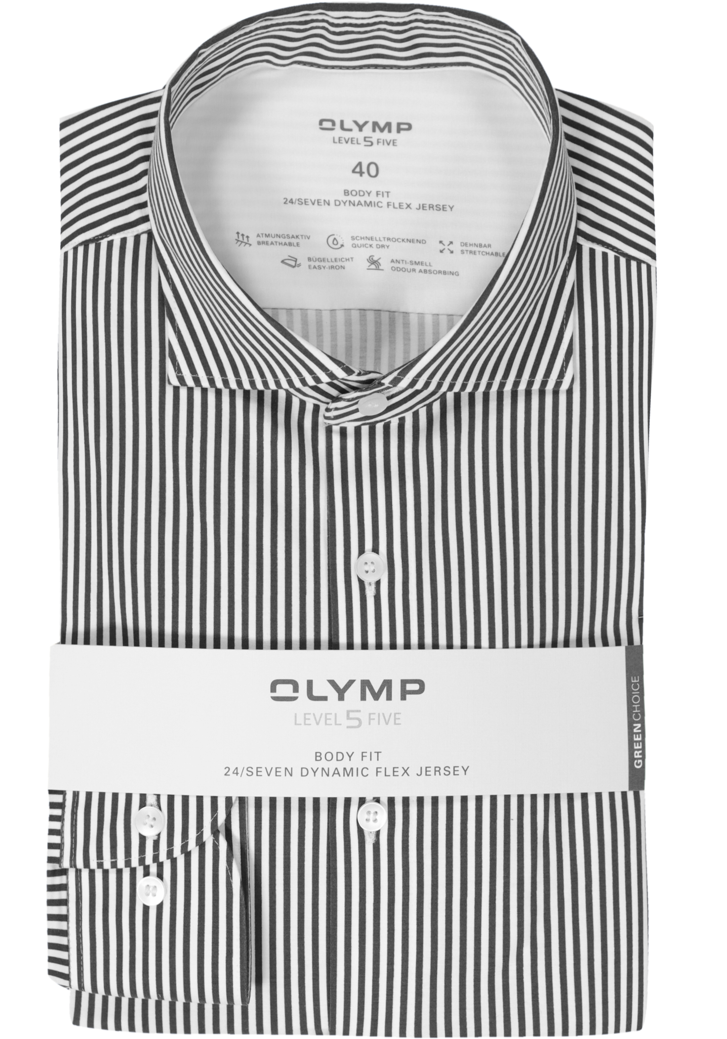 OLYMP Level 5 body fit overhemd 24/7, marine blauw met wit gestreept tricot