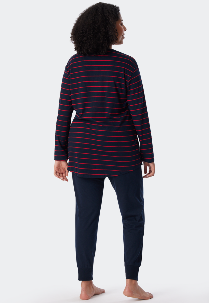 SCHIESSER selected! premium inspiration pyjamaset, dames pyjama lang streepjes boordjes nachtblauwe-rood