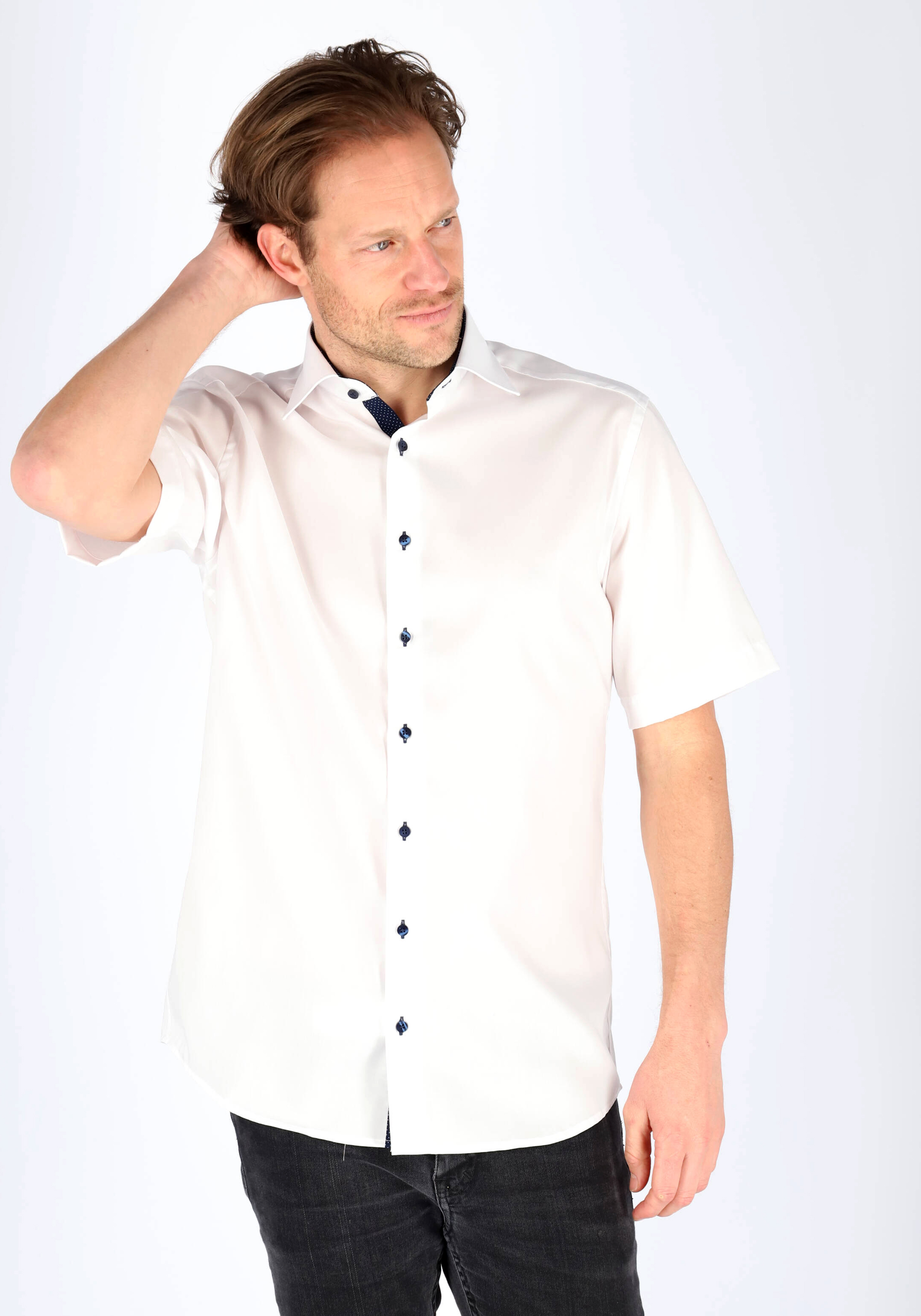 ETERNA modern fit overhemd, korte mouw, heren overhemd fijn Oxford, wit (blauw gestipt contrast)