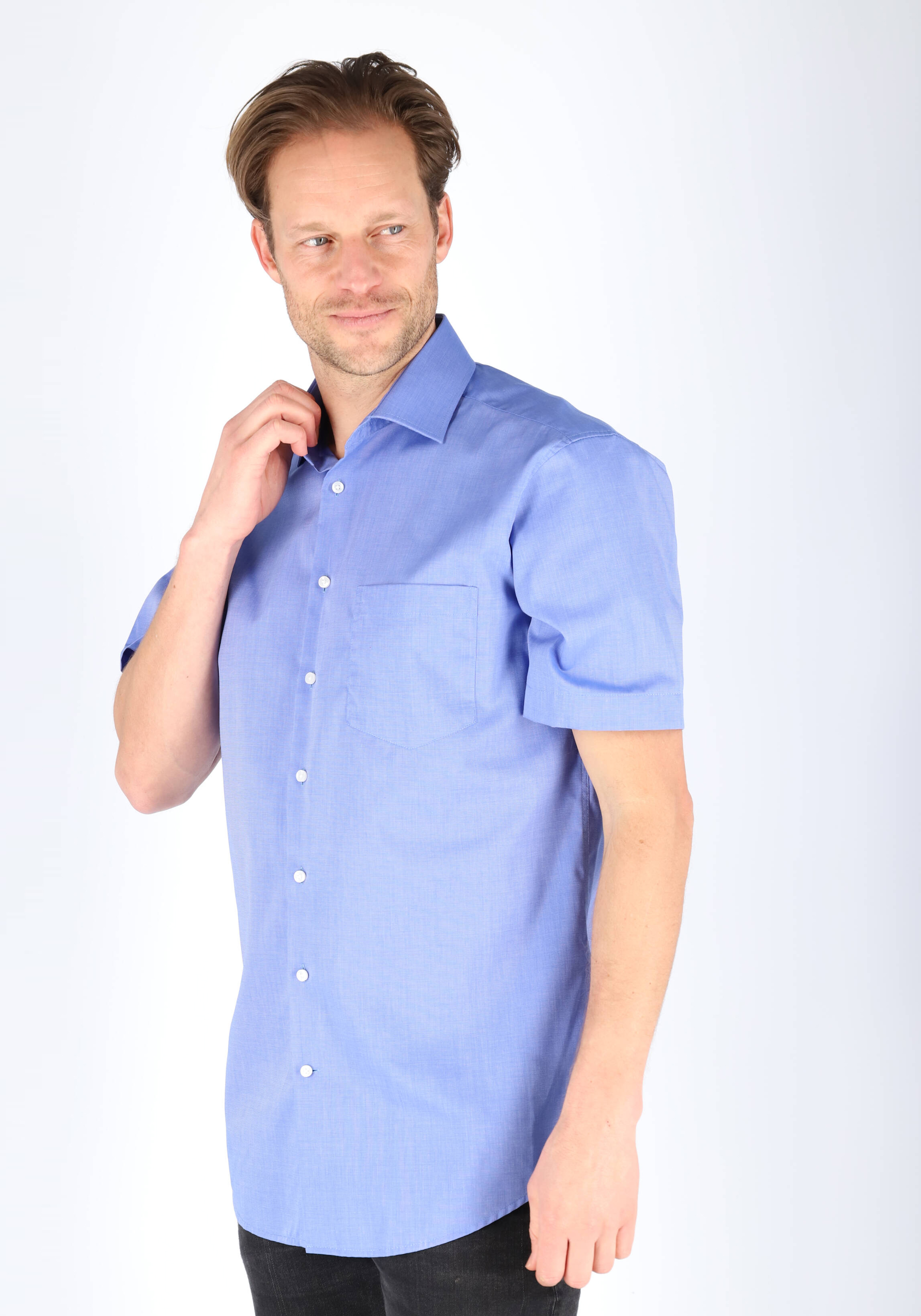 Seidensticker regular fit overhemd, korte mouw, middenblauw fil a fil