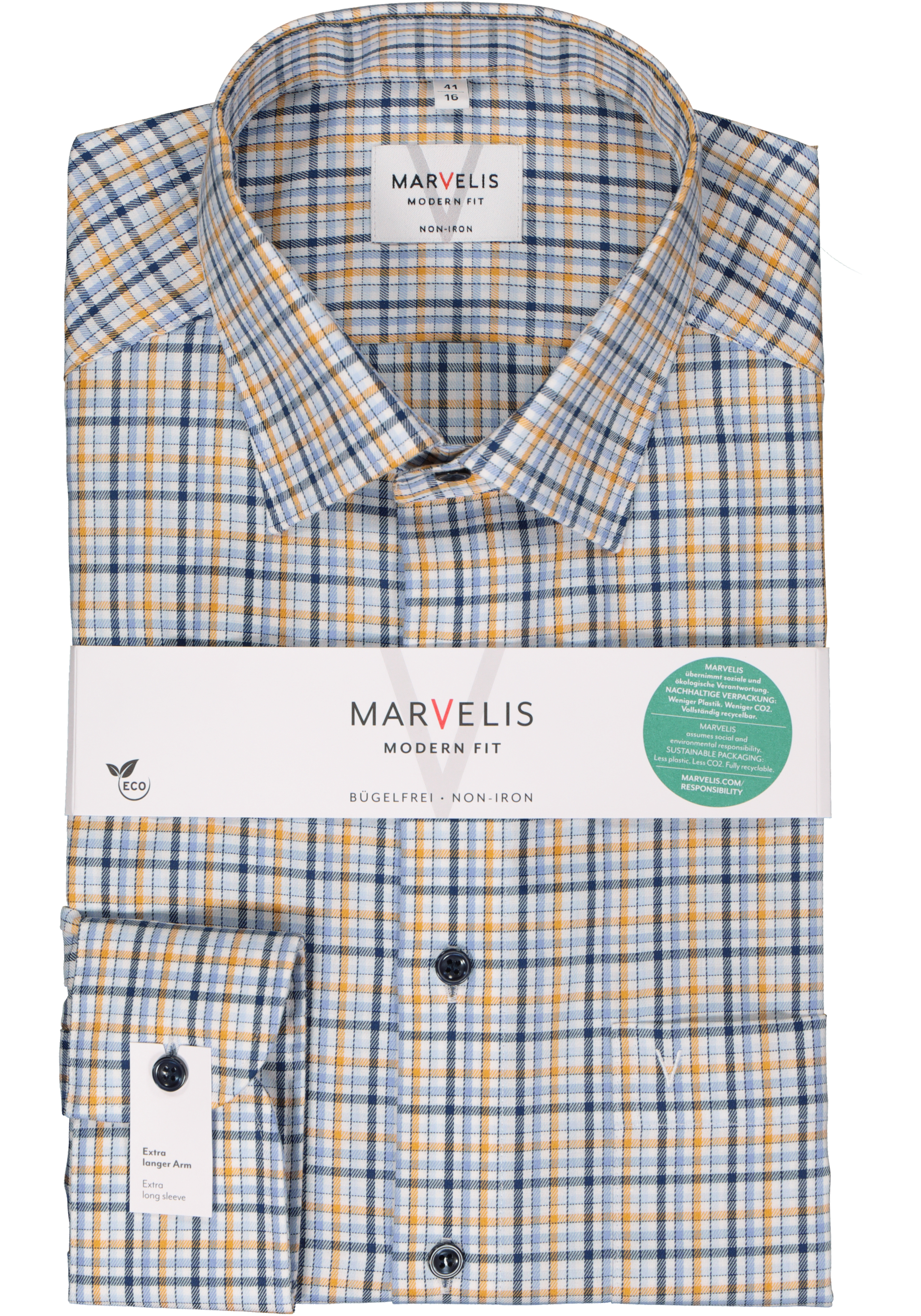 MARVELIS modern fit overhemd, mouwlengte 7, twill, blauw, geel en wit geruit