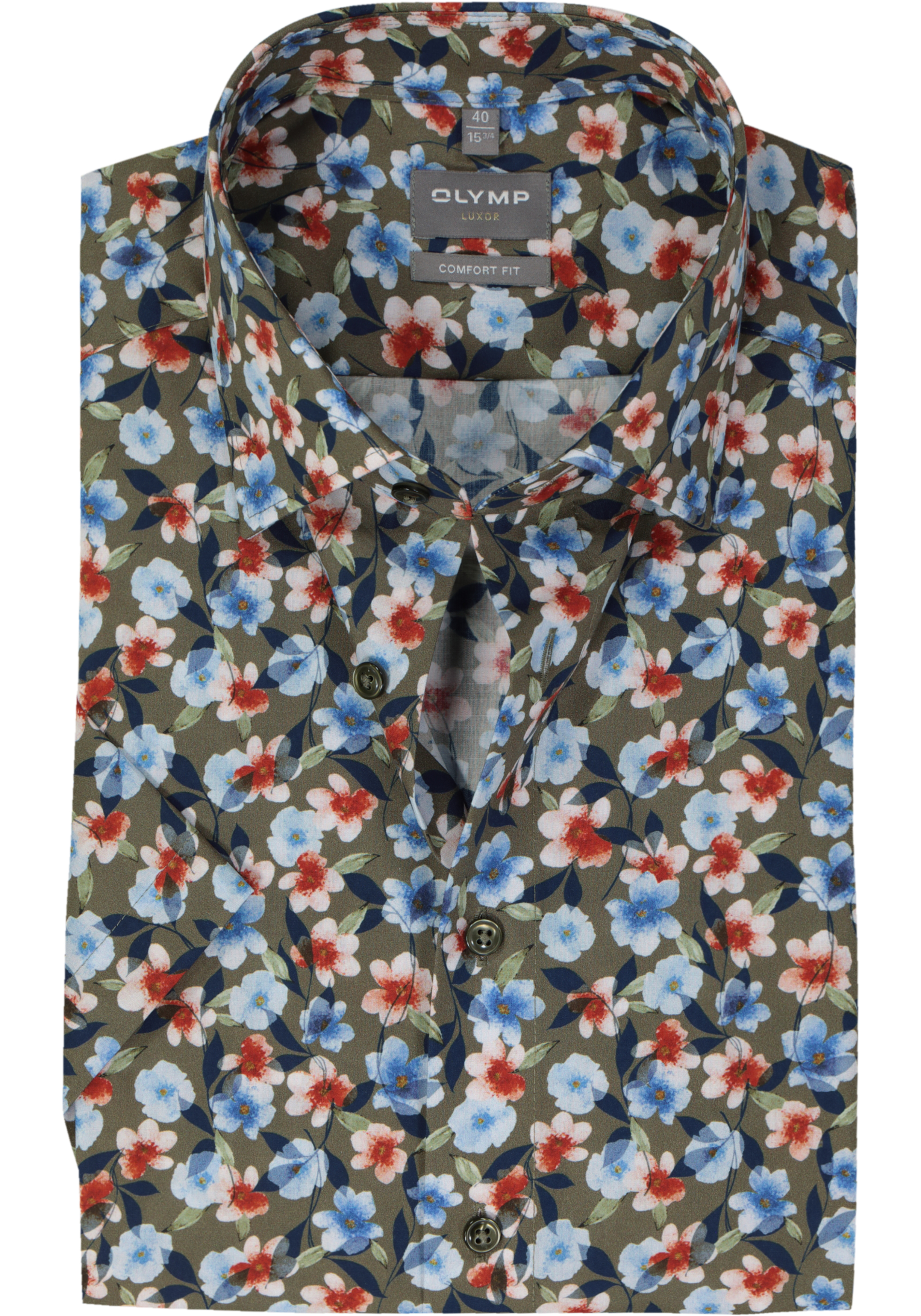 OLYMP comfort fit overhemd, korte mouw, popeline, groen met blauw, rood en wit bloemen dessin